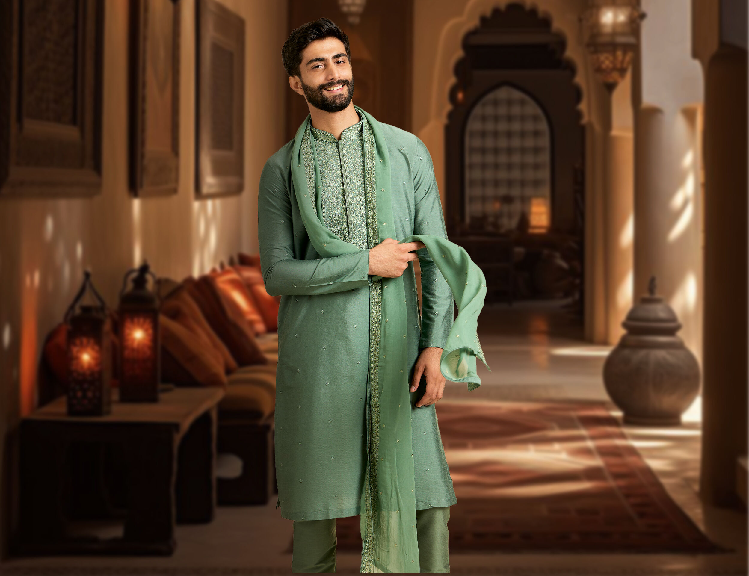 A groom in green kurta pajama with green dupatta