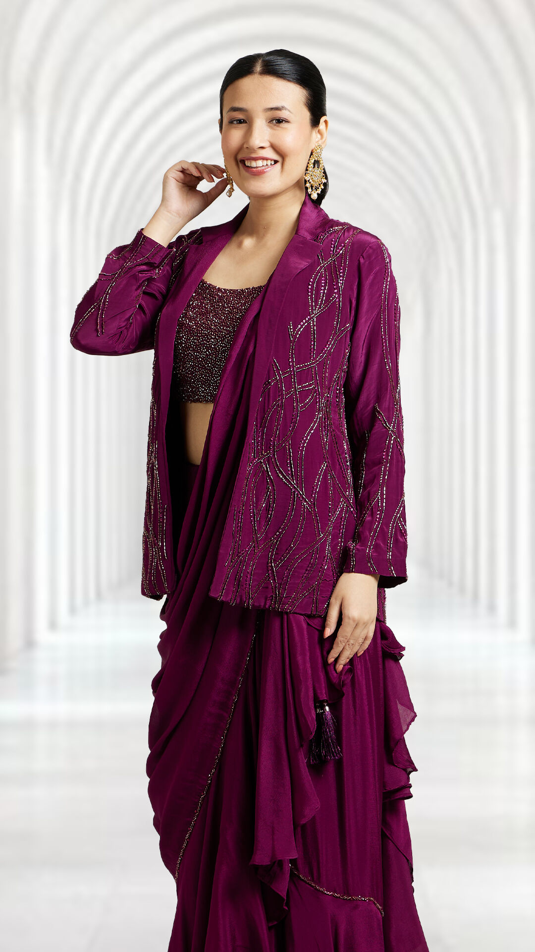 women in purple modern style indo western outfit on womens day