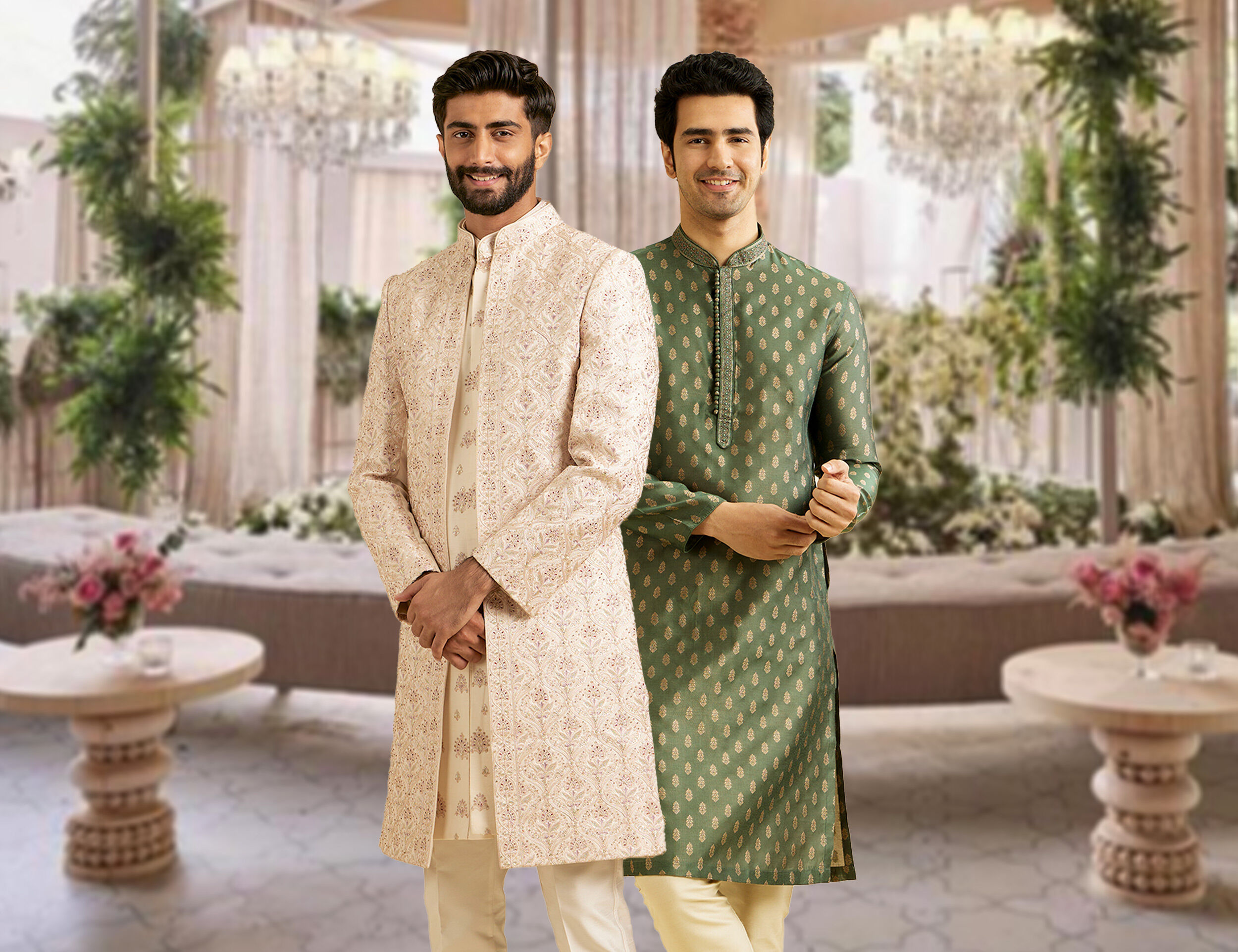 A man wearing white sherwani and green kurta pajama