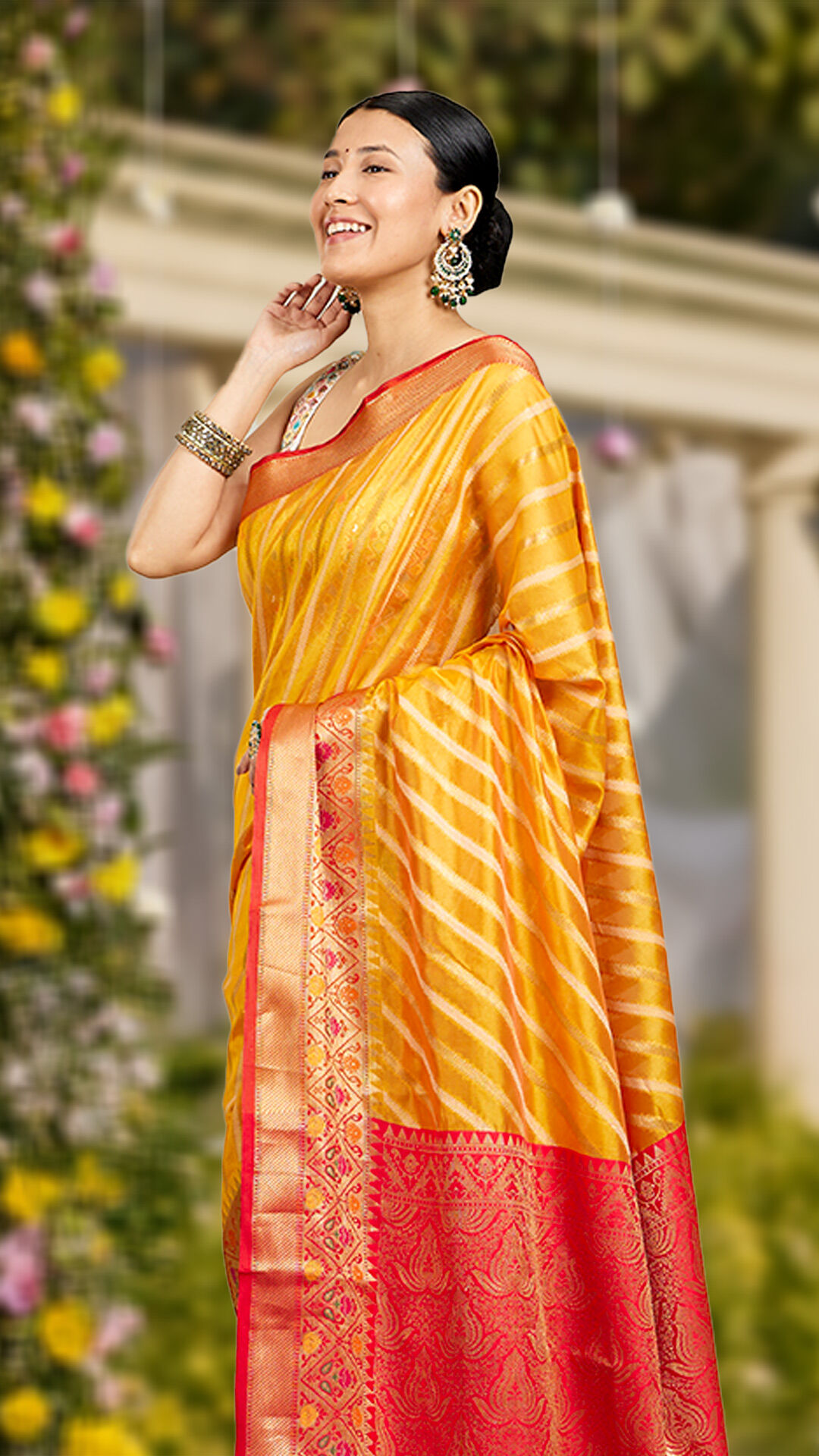 Woman wearing a pattern orange saree