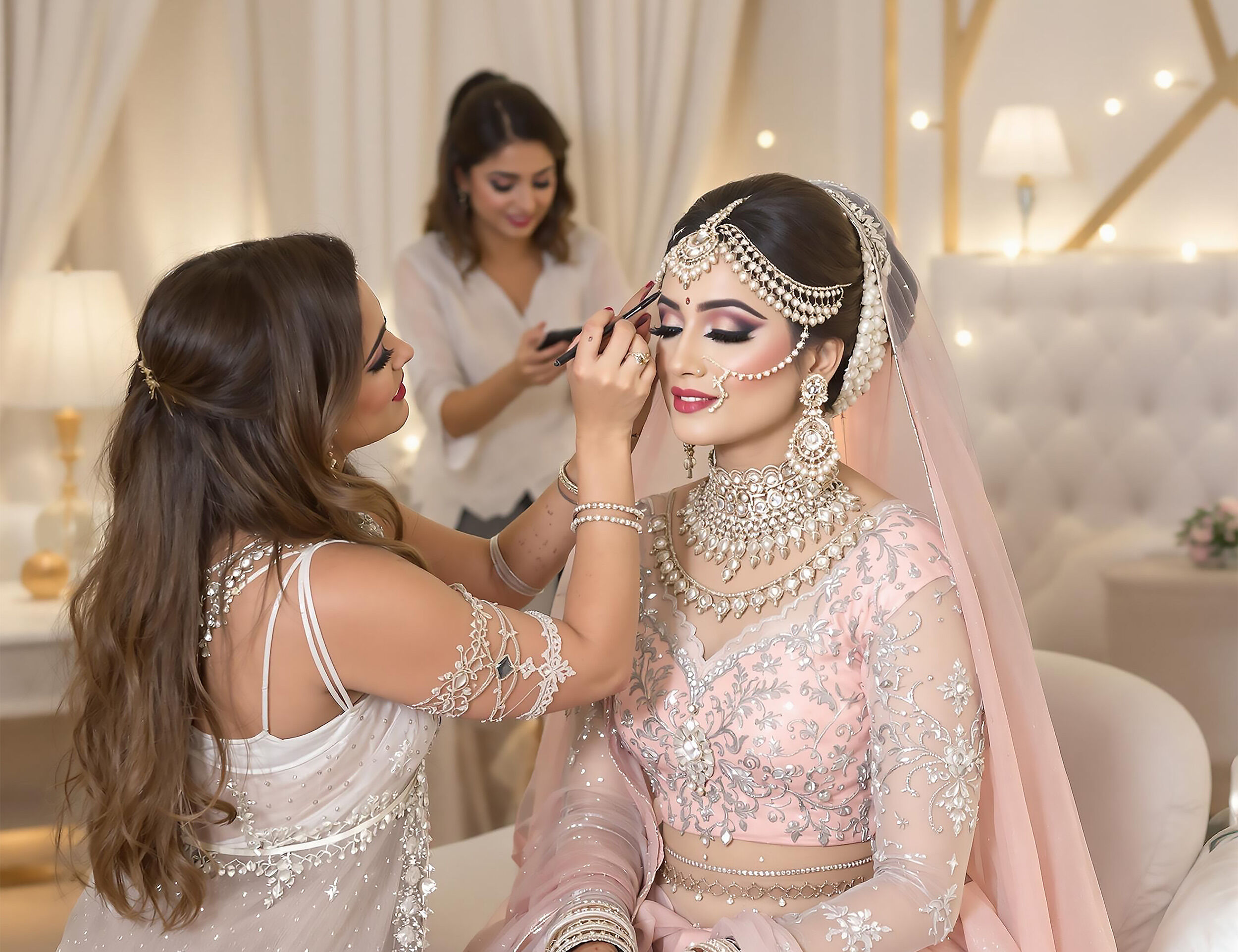 Makeup artist using makeup brush for eyes and applying brown eyeshadow