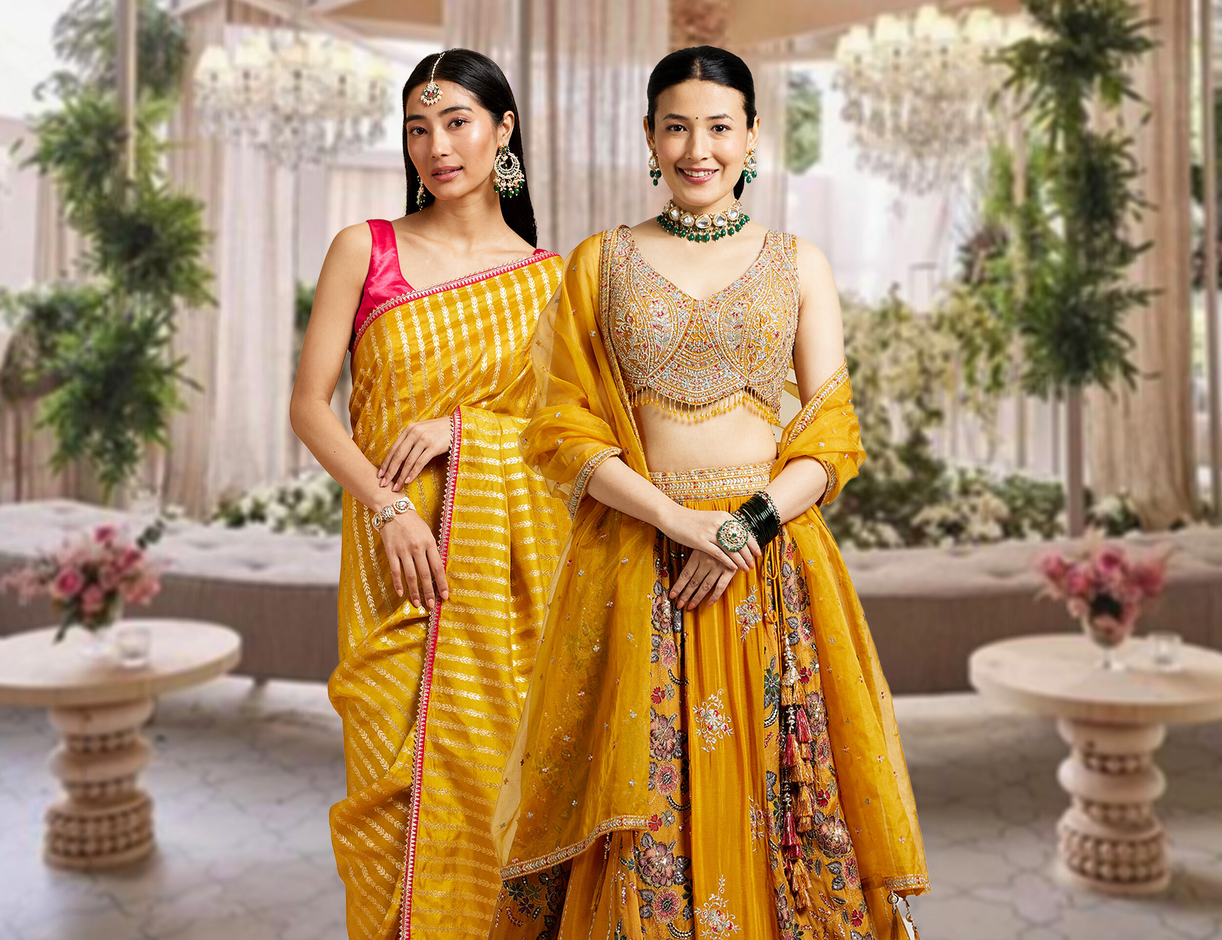 A women in yellow saree and a yellow lehenga for a wedding