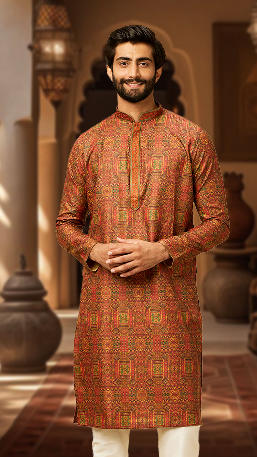 A groom in printed kurta pajama for wedding