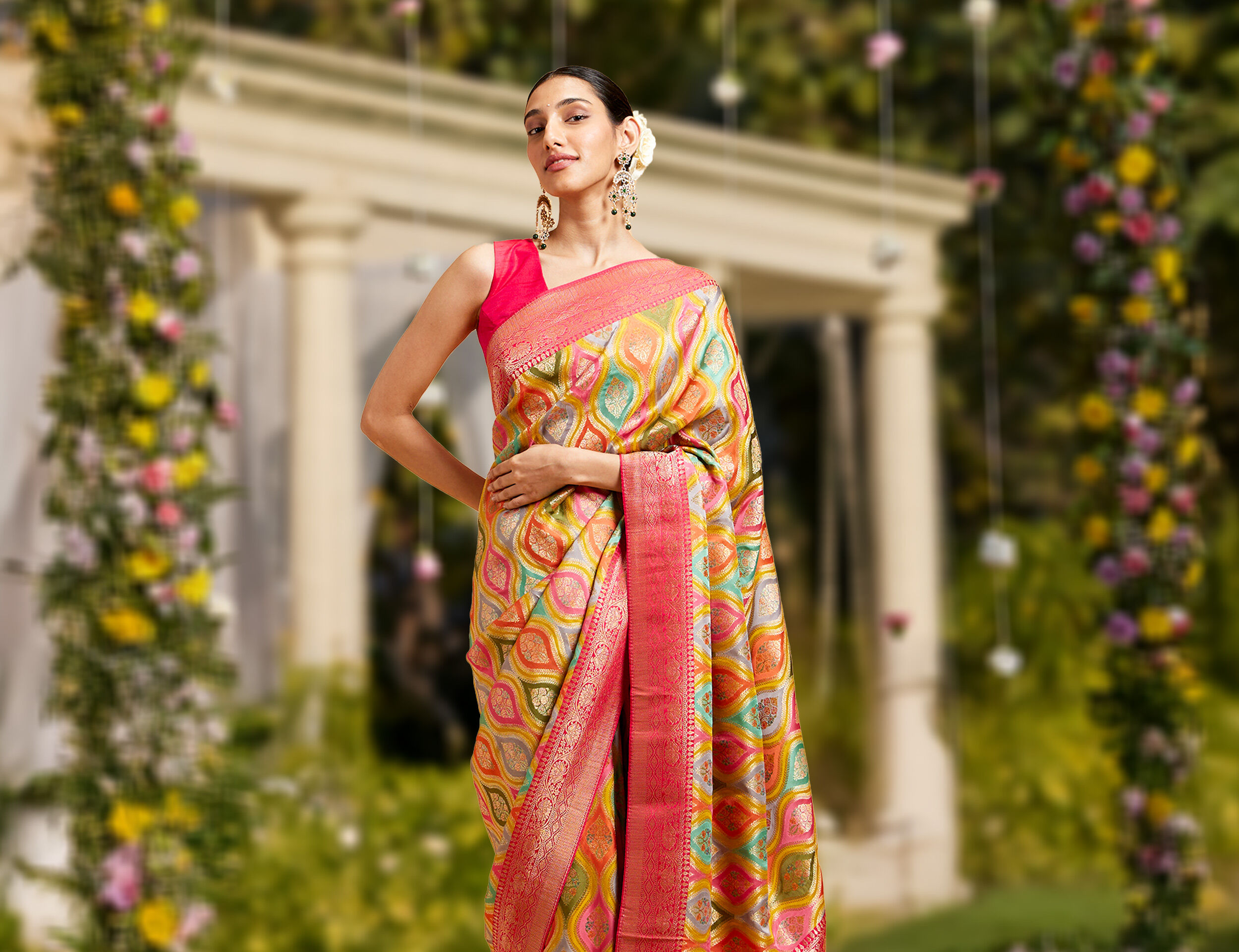 Woman wearing a beautifull colourfull pattern saree