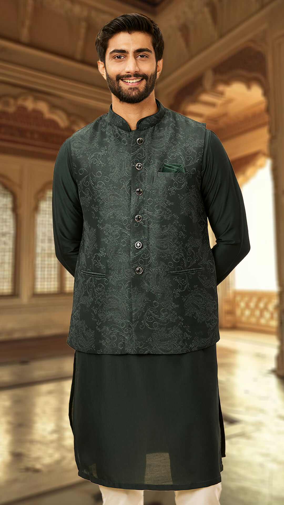 A man in green pattern kurta jacket for wedding
