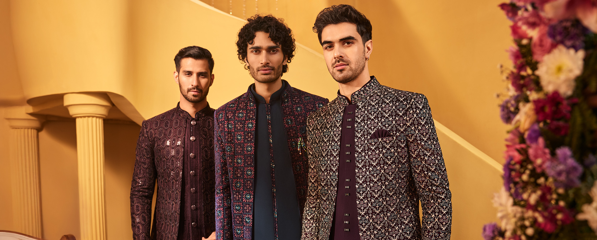 Men wearing elegant indo western sherwanis for wedding Men wearing elegant indo western sherwanis for wedding