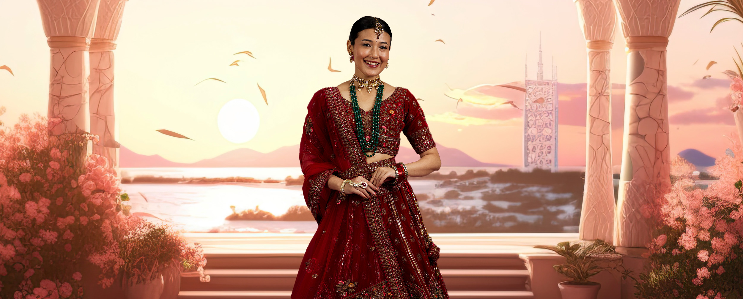 Bride in red sequin lehenga with traditional bridal jewelry Bride in red sequin lehenga with traditional bridal jewelry