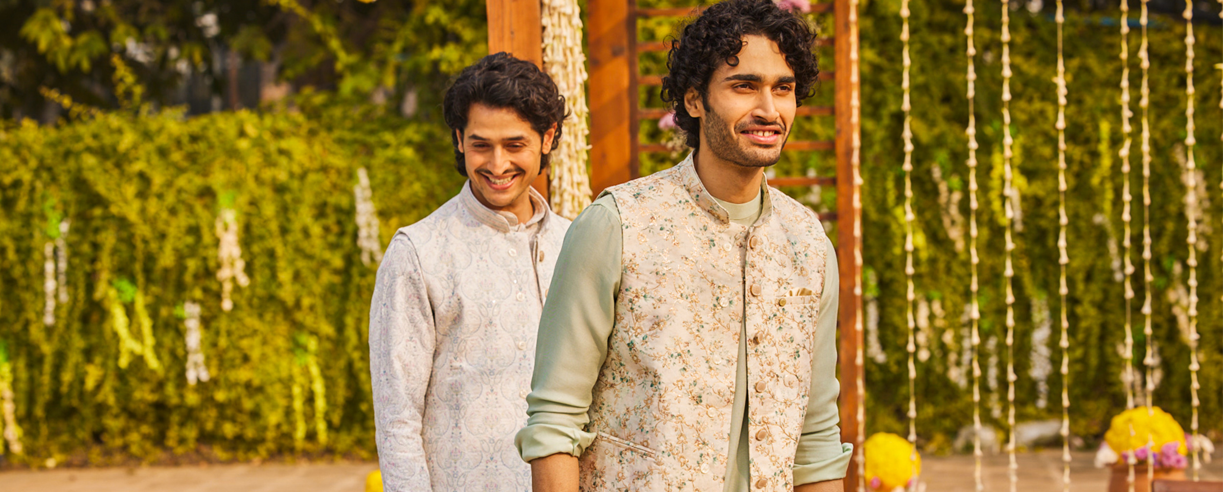 Men wearing kurta pajama with elegant jacket set on it for wedding Men wearing kurta pajama with elegant jacket set on it for wedding