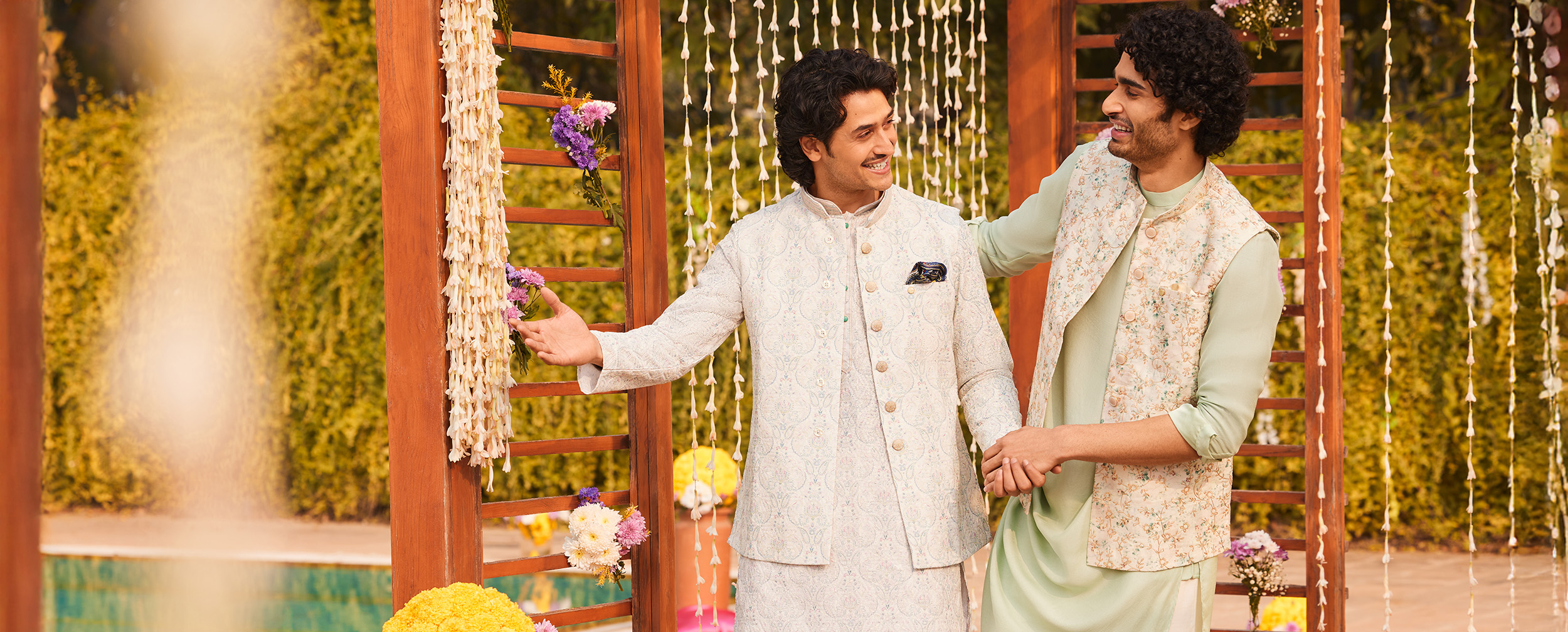 Men wearing stylish wedding kurta with matching bottom Men wearing stylish wedding kurta with matching bottom