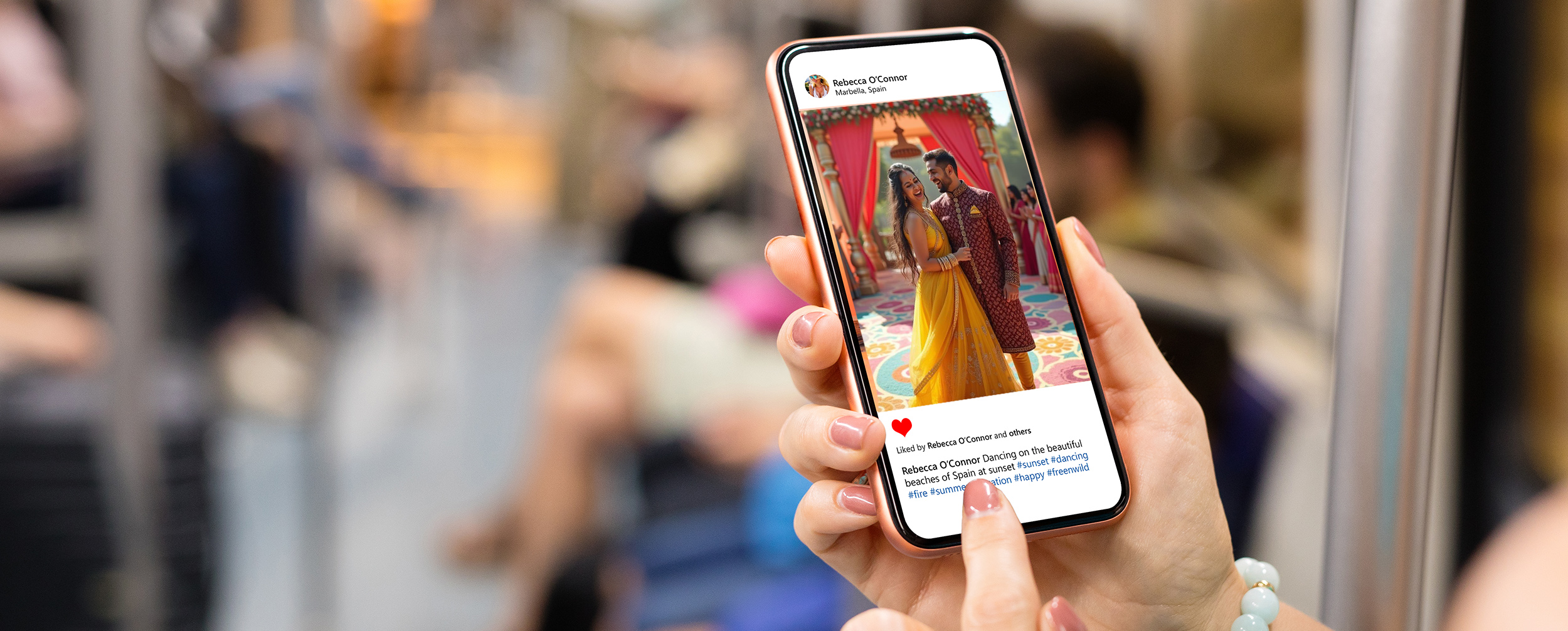 Woman holding a phone showing a wedding photo of an Indian couple in traditional attire, perfect for sharing on Instagram with wedding captions. Woman holding a phone showing a wedding photo of an Indian couple in traditional attire, perfect for sharing on Instagram with wedding captions.