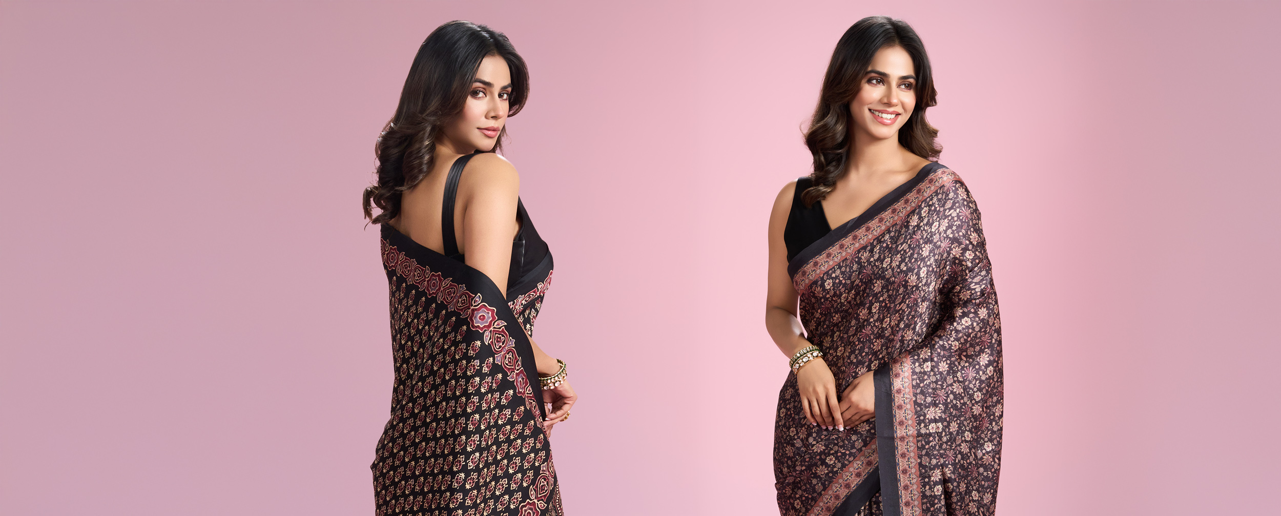 Womans wearing Midnight Black Lotus Lead Patterned Sarees Womans wearing Midnight Black Lotus Lead Patterned Sarees