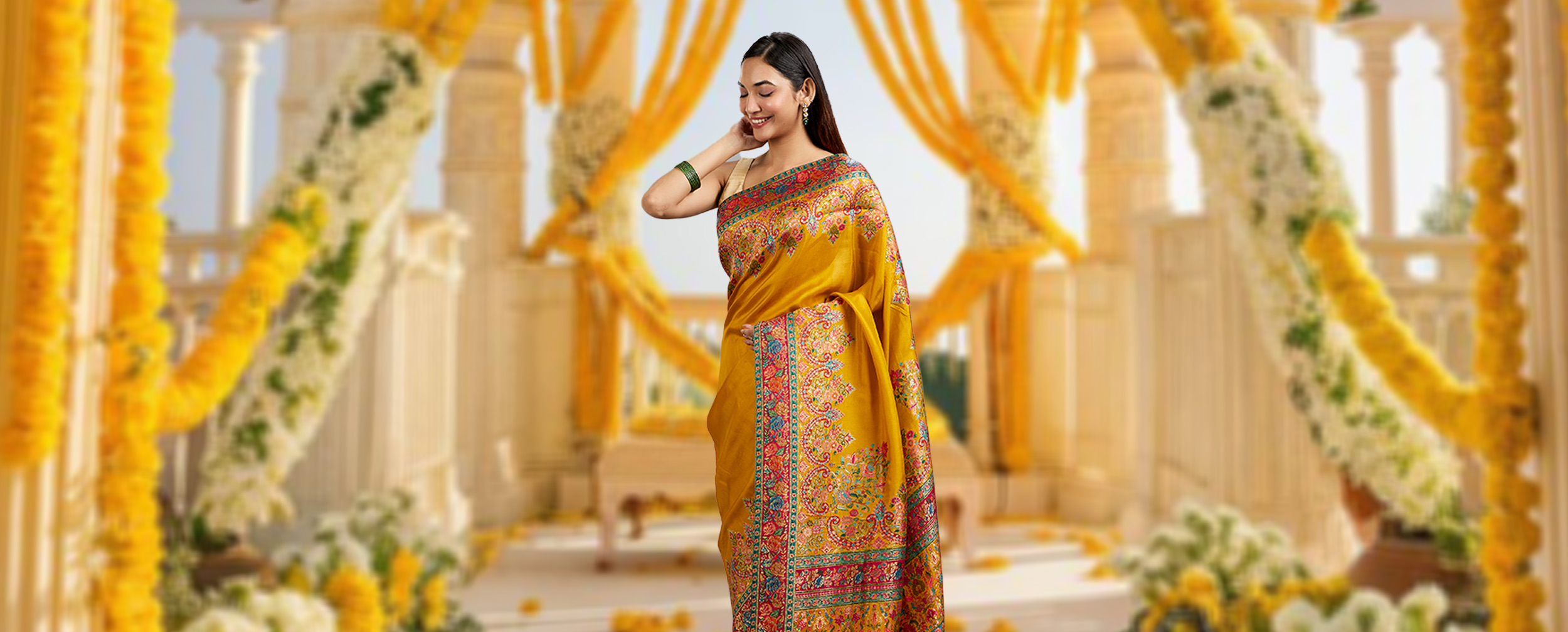 Haldi outfit featuring yellow printed saree styled for festive look Haldi outfit featuring yellow printed saree styled for festive look
