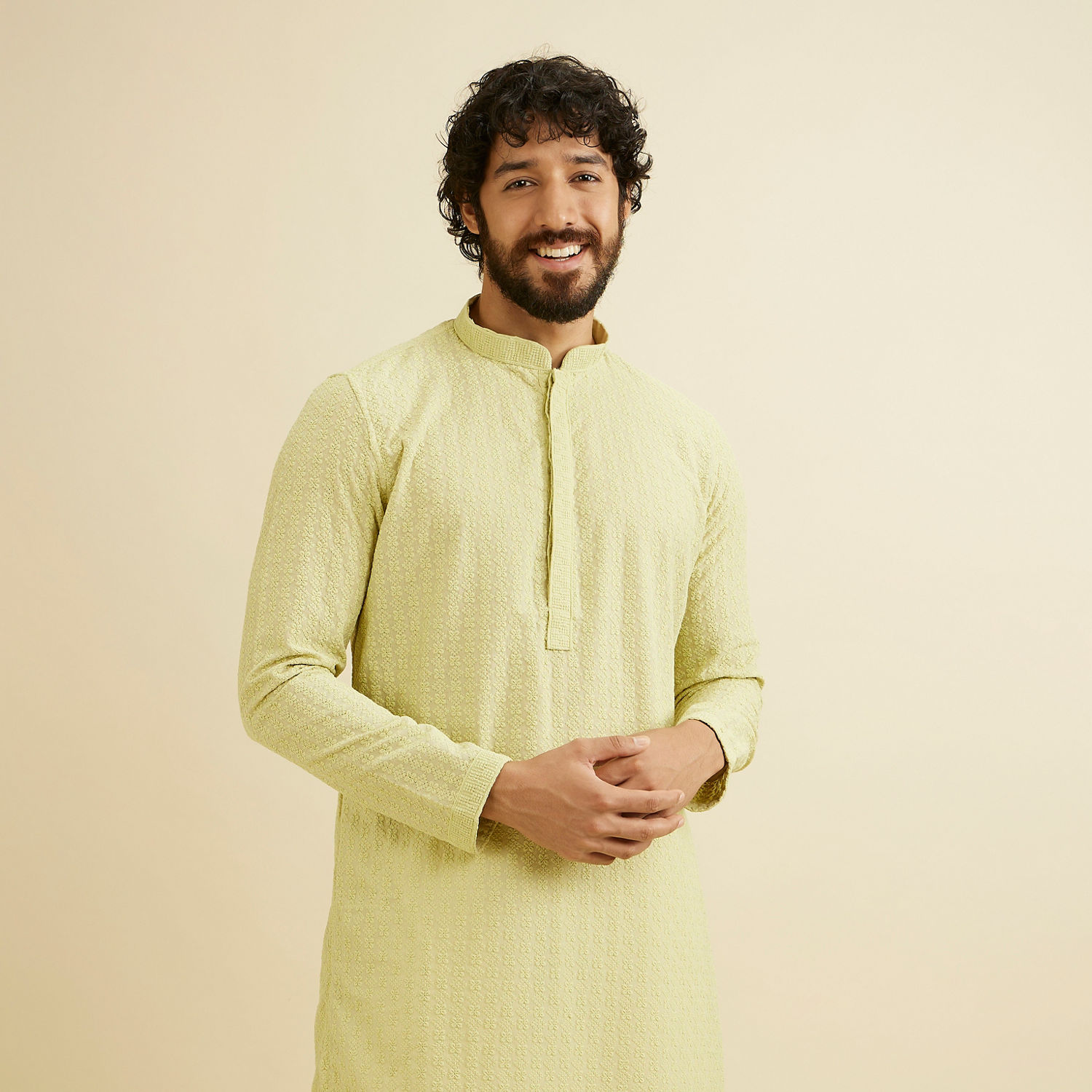 Men Lime Green Green Chikankari Embroidered Woven Design Straight Kurta main image 0