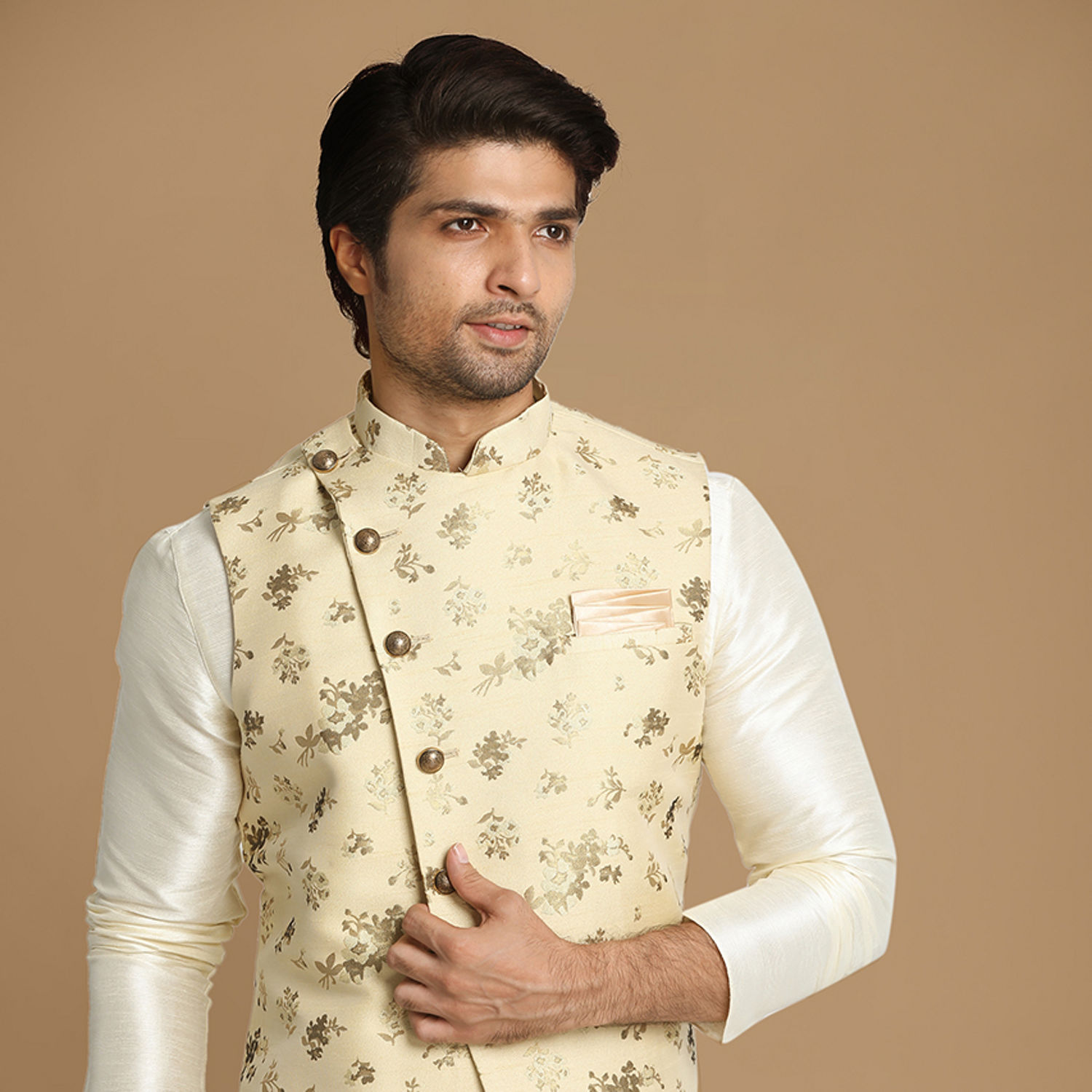 Kurta Jacket Set for Men Buy Biege Floral Print Kurta Jacket Set