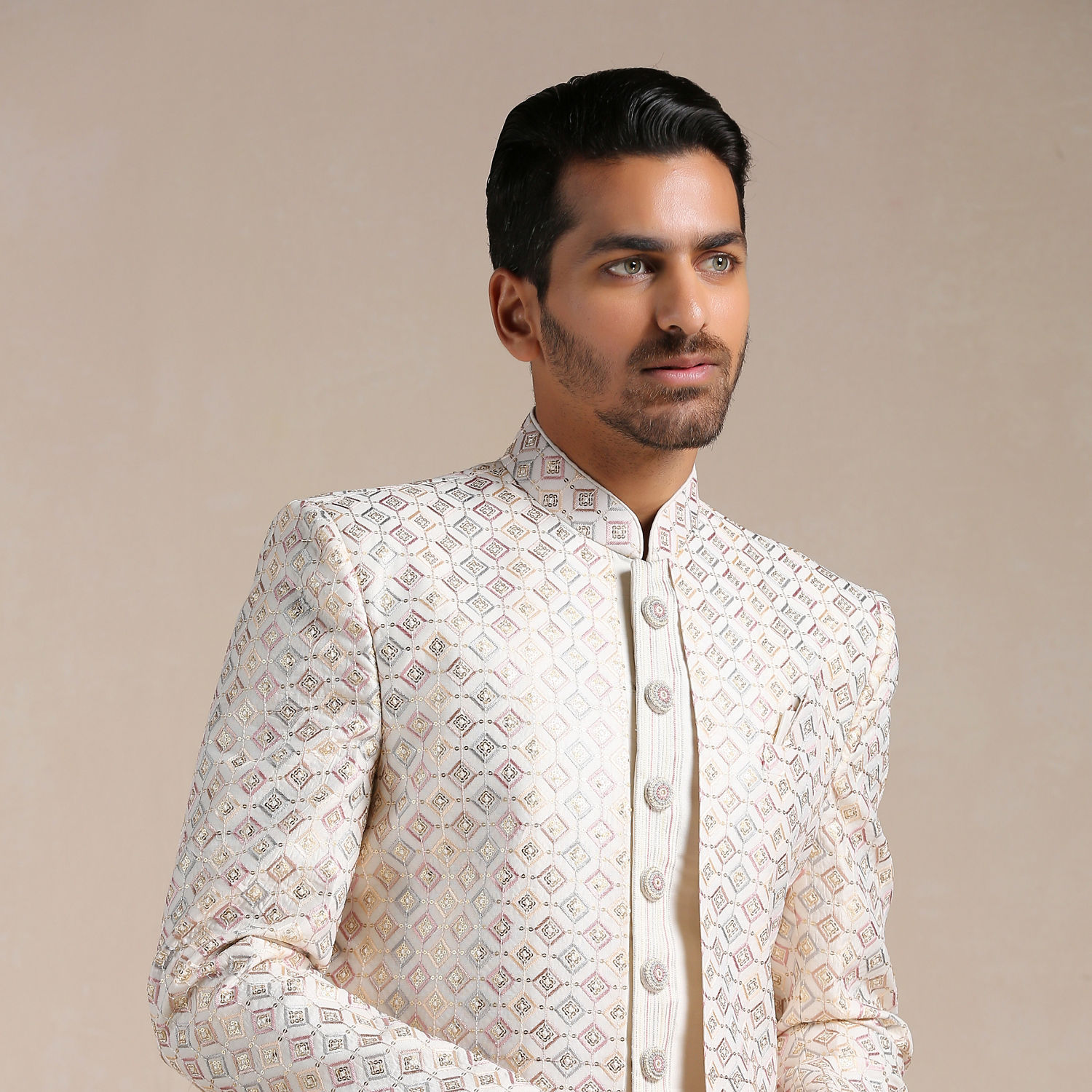 Buy Cream Geometric Patterned Achkan Style Sherwani Set Online in India ...