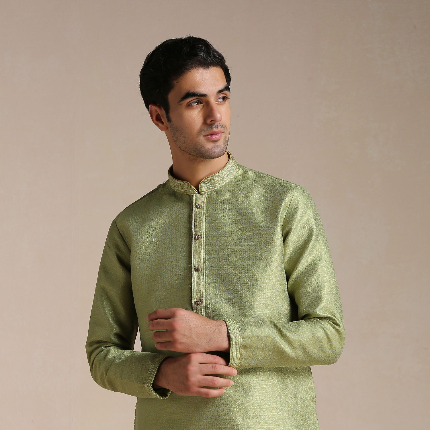 Green Men’s Jacquard Kurta with Sequins Detailing and Cotton Pyjama Traditional Indian Outfit main image 0