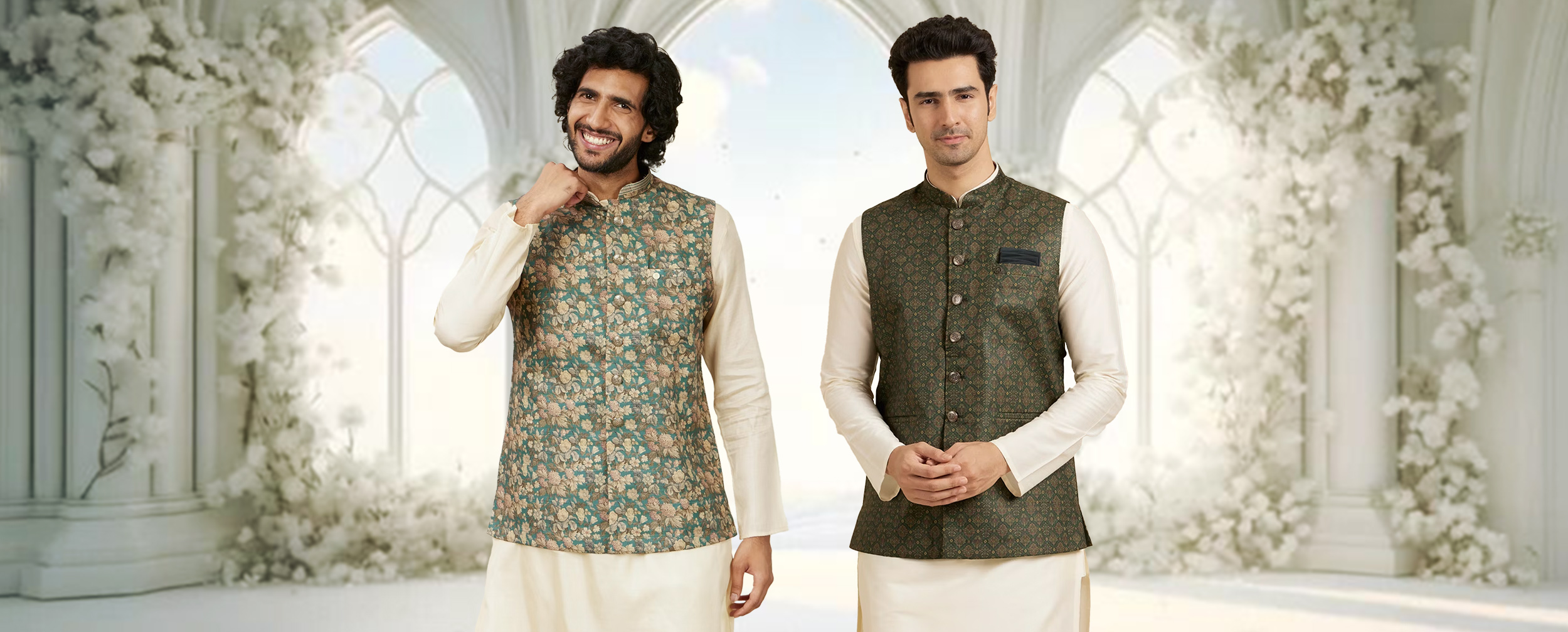 Men wearing white kurta pajama with printed green jacket Men wearing white kurta pajama with printed green jacket
