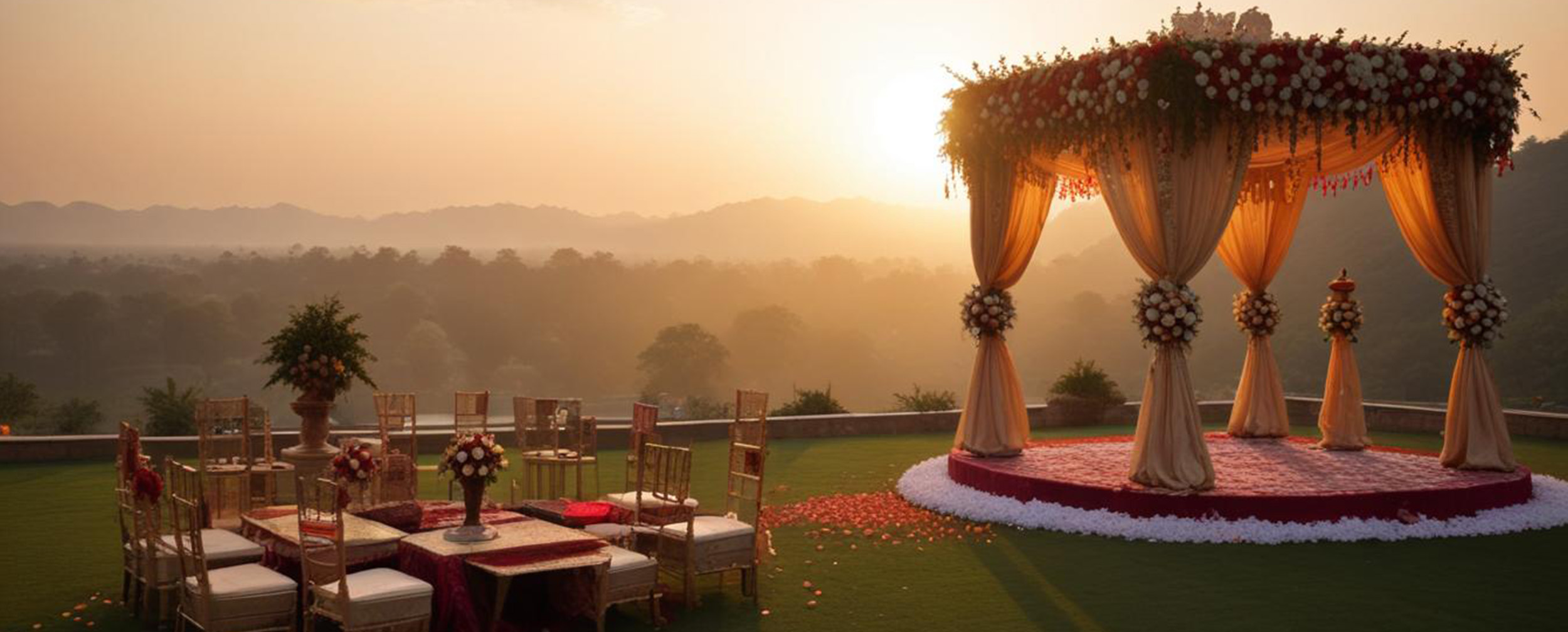 Scenic outdoor wedding mandap with floral canopy and drapes at sunset on a hilltop. Scenic outdoor wedding mandap with floral canopy and drapes at sunset on a hilltop.
