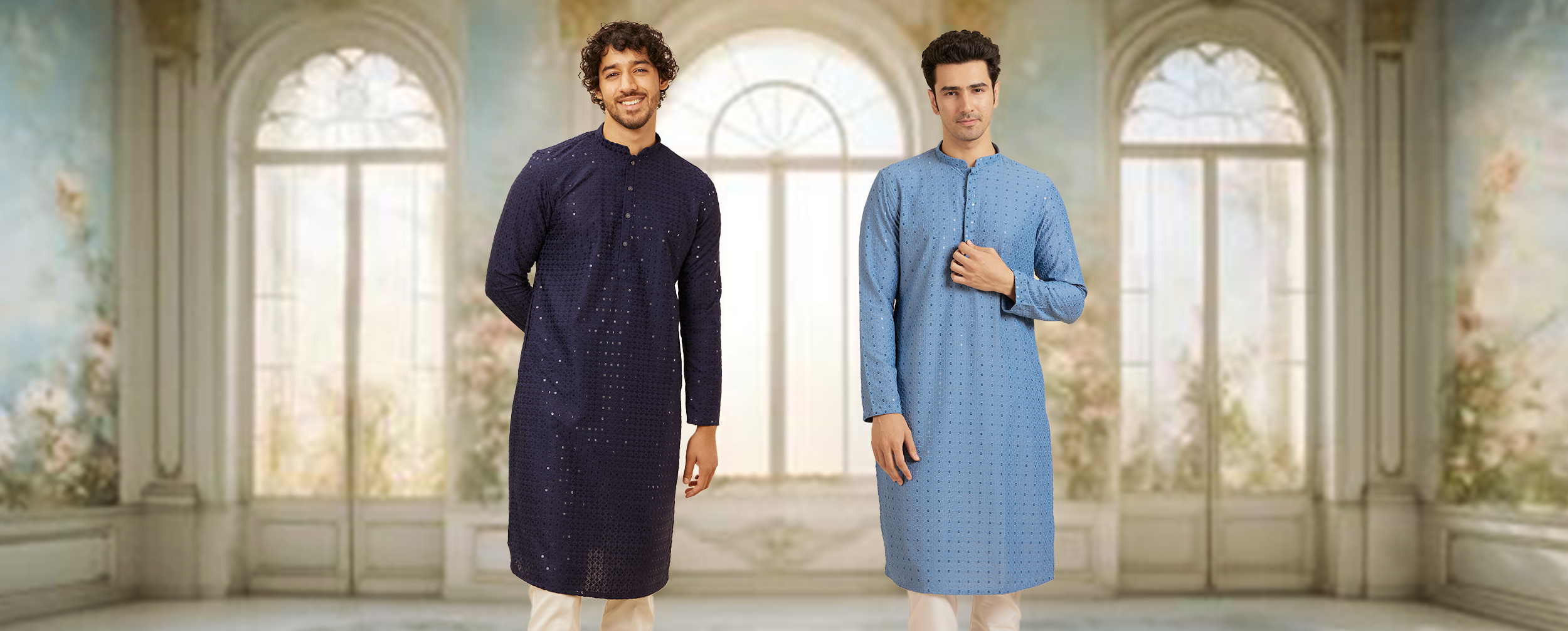 Men wearing elegant navy blue and light blue Chikankari kurtas, perfect for groom styling inspiration