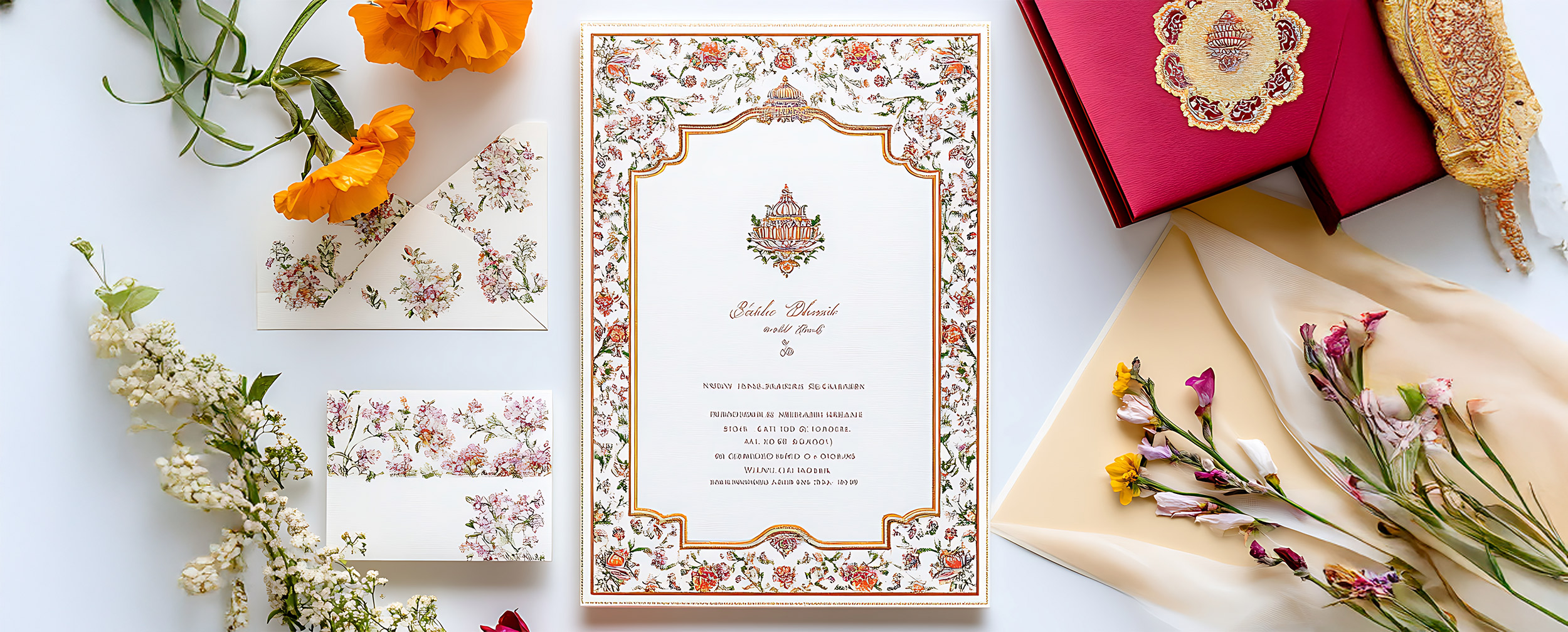 Elegant floral wedding invitation card with envelopes, flowers, and decorative elements for a traditional Indian ceremony. Elegant floral wedding invitation card with envelopes, flowers, and decorative elements for a traditional Indian ceremony.