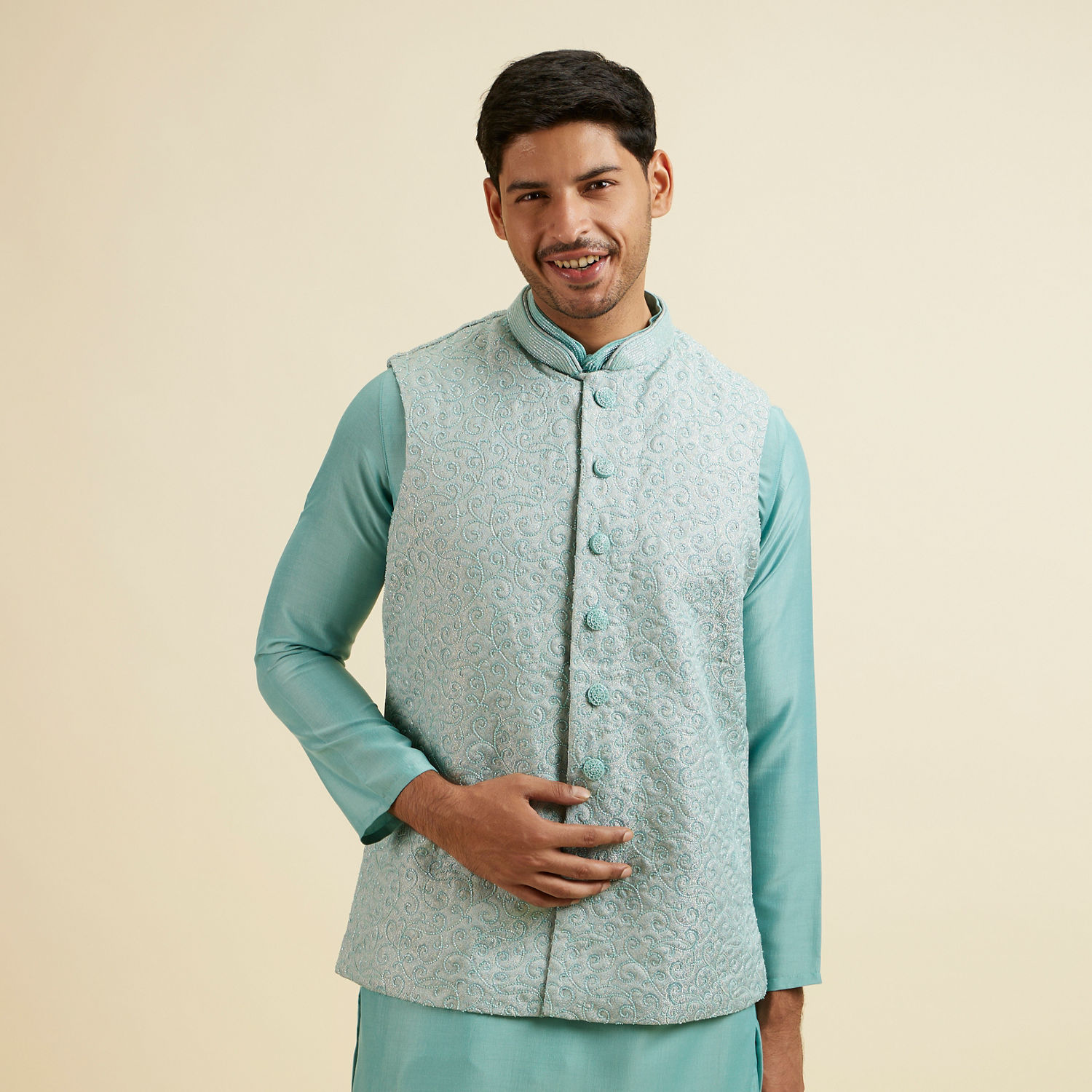 RFSS1615 -Heavy party wear suit with cutdana work jacket. Comes with handwork belt.