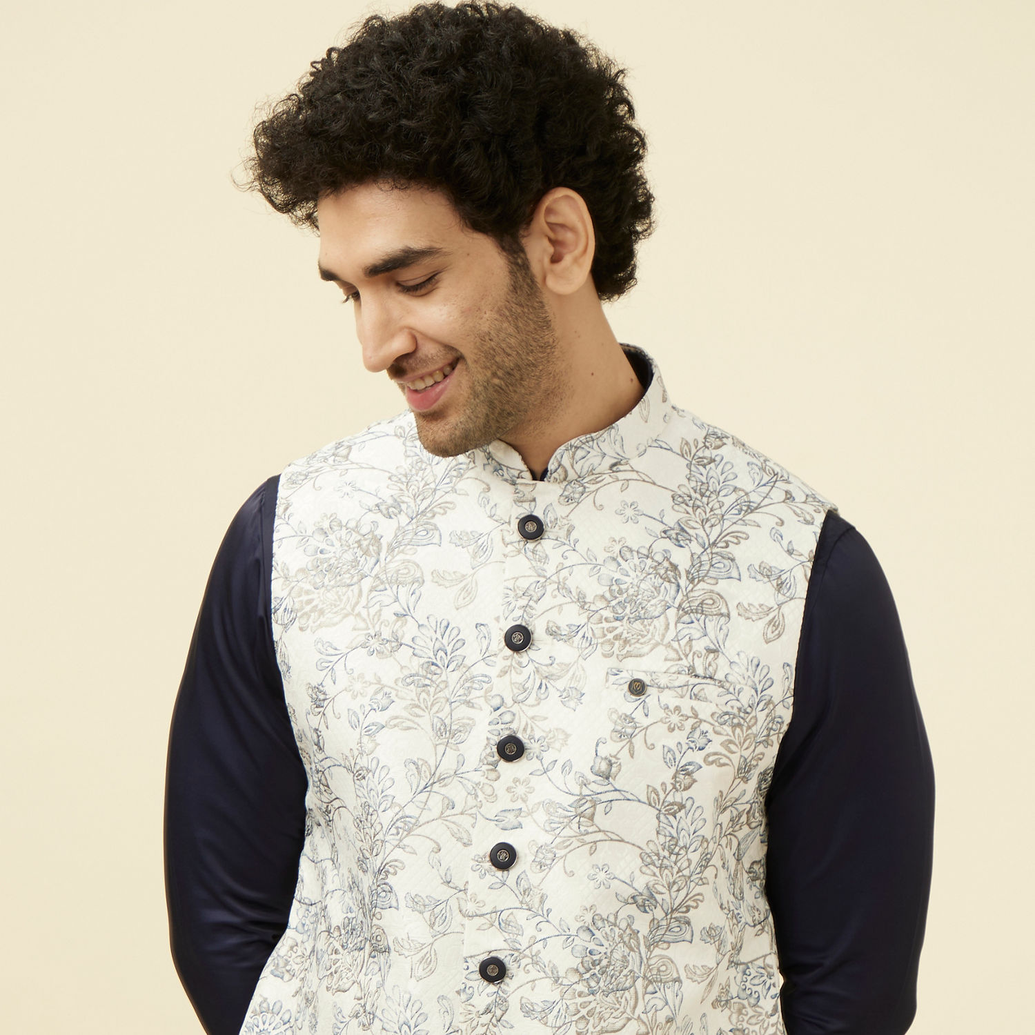 Men’s Blue & White Embroidered Nehru Jacket – Sleeveless Viscose Layer
