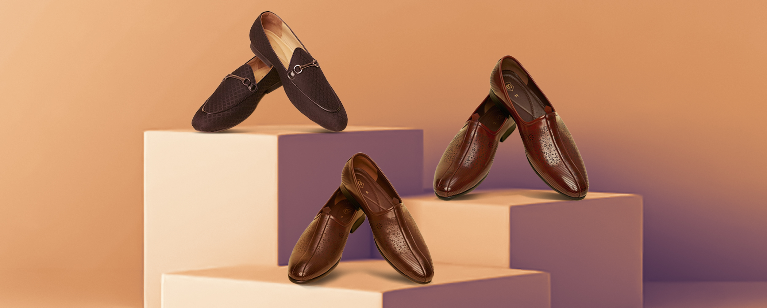 Stylish brown leather and suede loafers displayed on podium, perfect comfortable wedding shoes for kurta pajama. Stylish brown leather and suede loafers displayed on podium, perfect comfortable wedding shoes for kurta pajama.