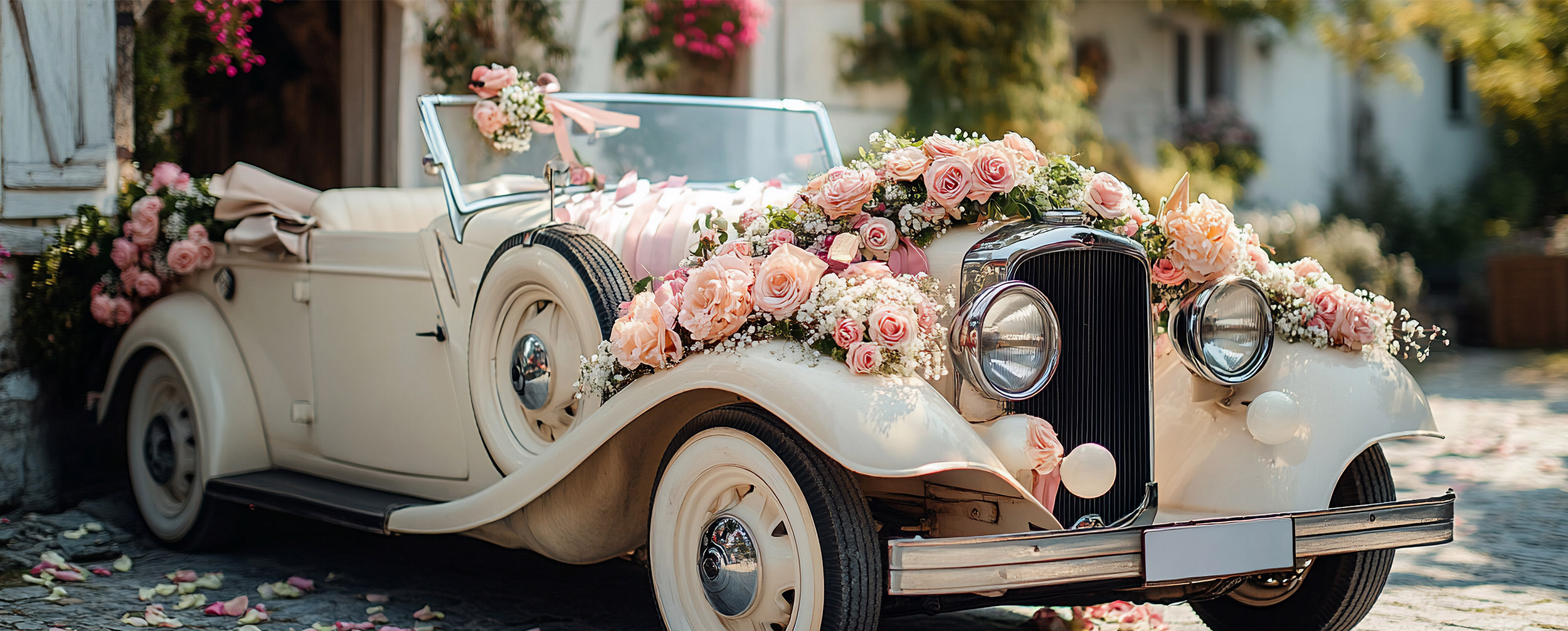 A beautifully decorated wedding car A beautifully decorated wedding car