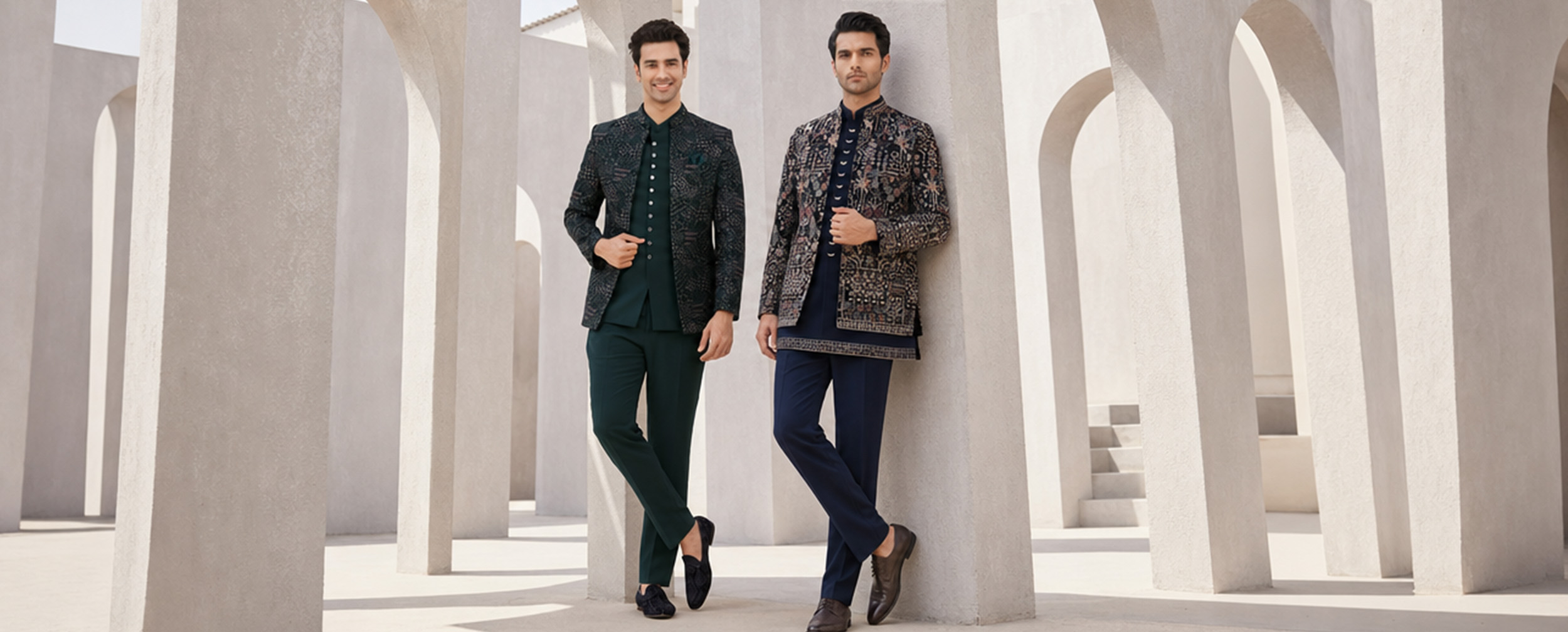 Two men wearing embroidered Jodhpuri wedding outfits in green and navy blue