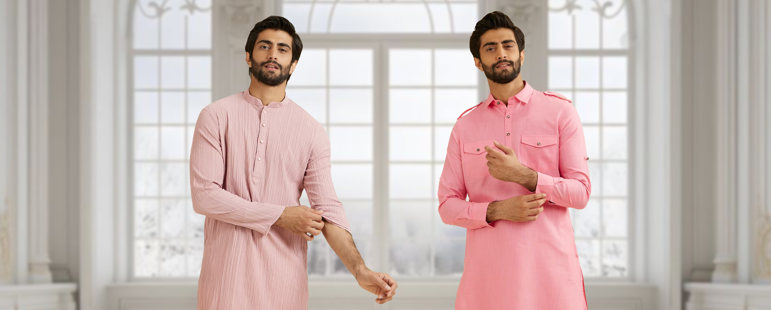 Models showcasing modern peach-colored kurtas in two different designs, a shirt collar and a band collar Models showcasing modern peach-colored kurtas in two different designs, a shirt collar and a band collar