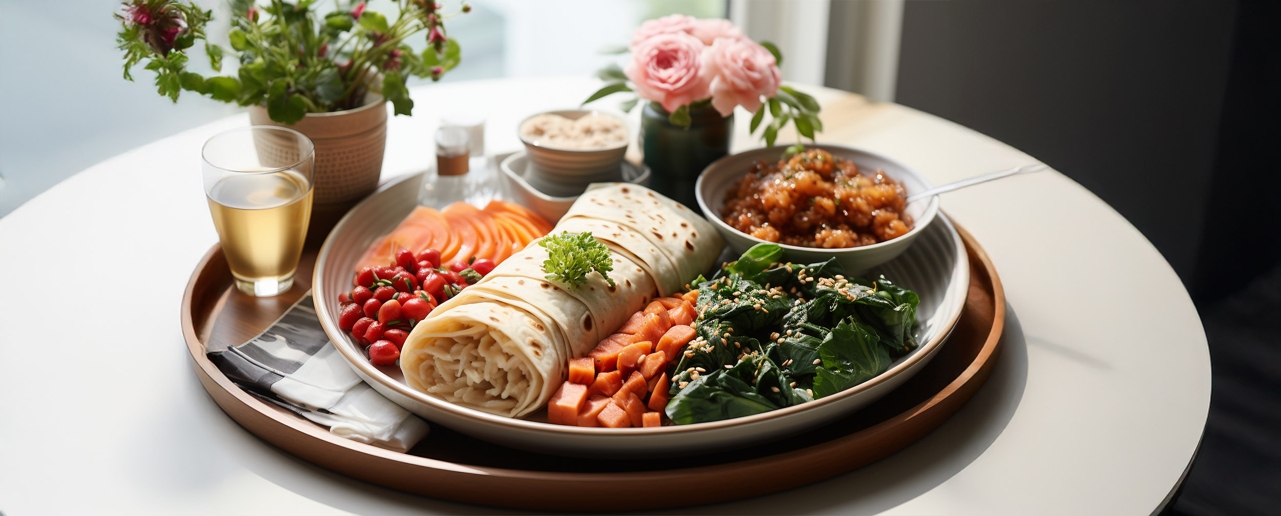 Nutritious pre-wedding Indian meal with roti wraps, leafy greens, sautéed veggies, and grilled paneer served with herbal tea and garnished with fresh herbs Nutritious pre-wedding Indian meal with roti wraps, leafy greens, sautéed veggies, and grilled paneer served with herbal tea and garnished with fresh herbs