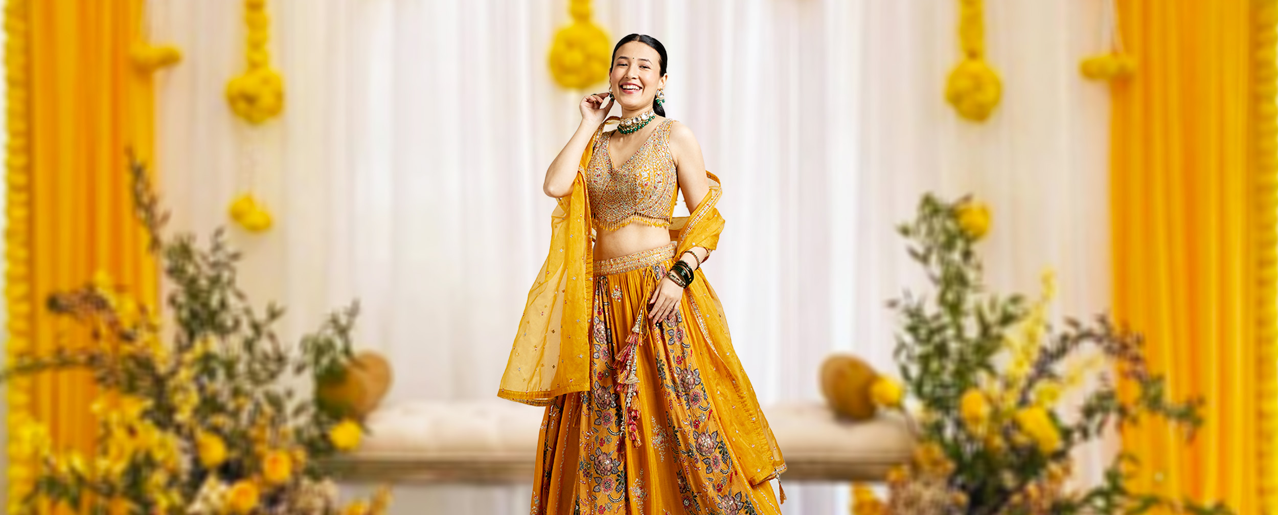 Bride wearing beautiful yellow lehenga for haldi ceremony Bride wearing beautiful yellow lehenga for haldi ceremony