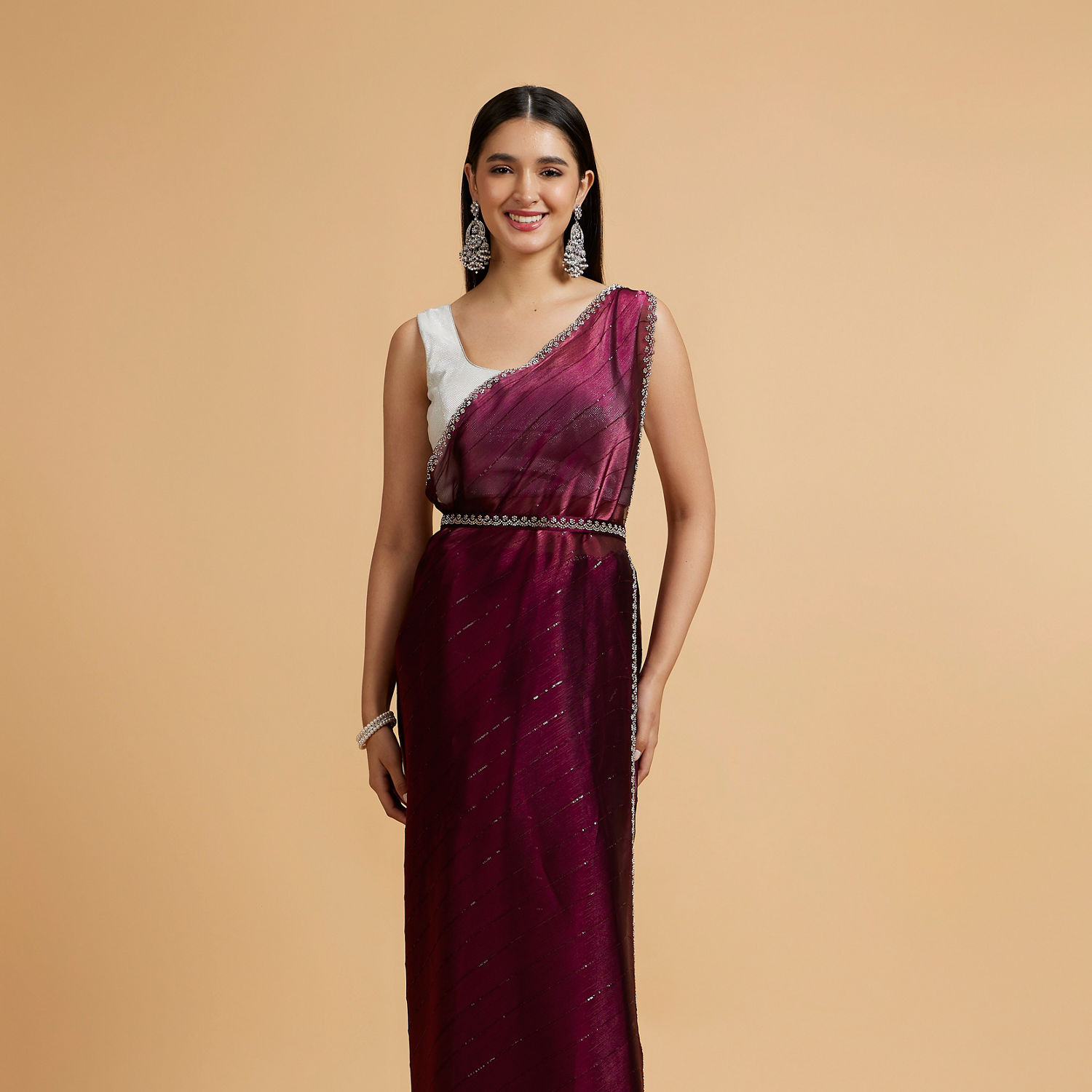 saree cocktail dress Blush Pink & Yellow Chiffon Tassels Hand Embroidered Draped Saree Dress Design by Akhl at Pernia's Pop Up Shop 2026