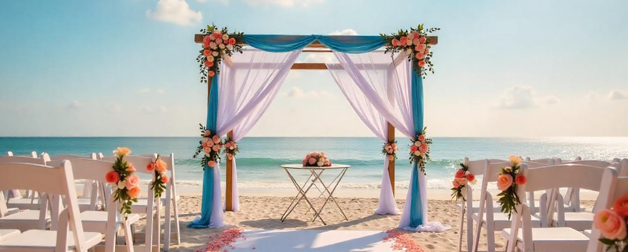 Beautiful beachside wedding mandap decorated with white and blue drapes, pink floral arrangements, and a flower-strewn aisle facing the ocean. Beautiful beachside wedding mandap decorated with white and blue drapes, pink floral arrangements, and a flower-strewn aisle facing the ocean.