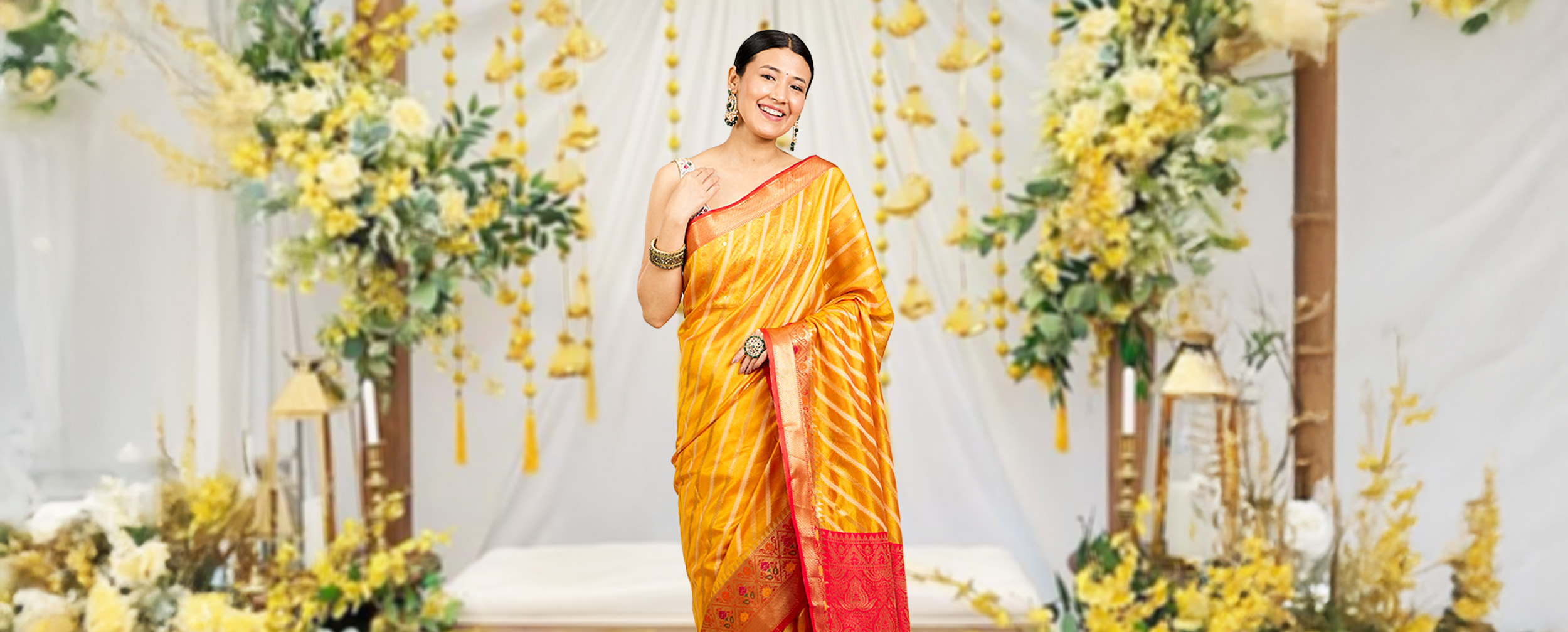 Bride wearing beautiful yellow saree for haldi ceremony Bride wearing beautiful yellow saree for haldi ceremony