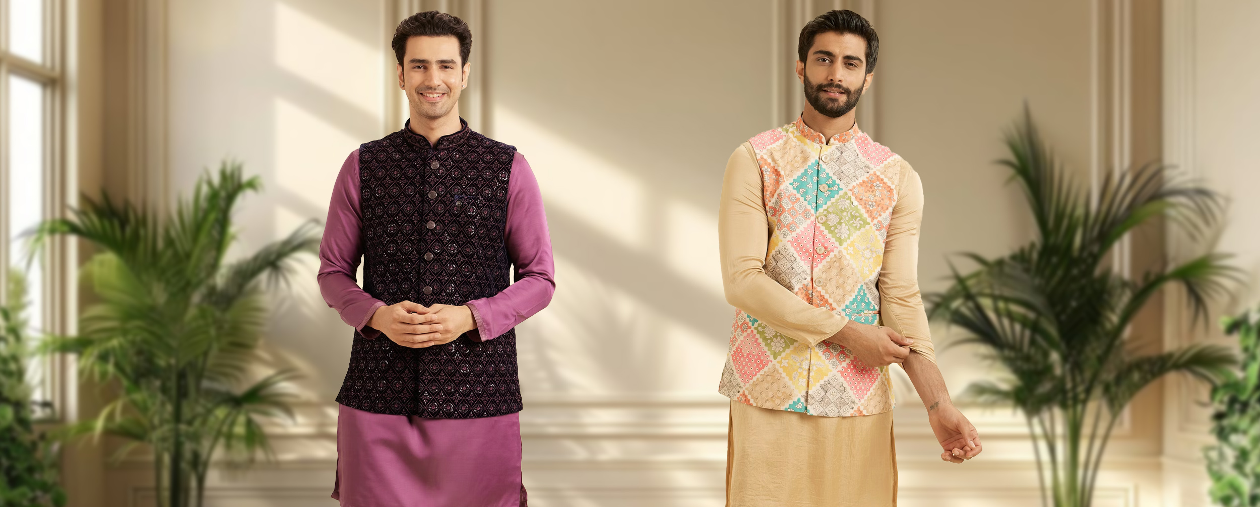 Two men wearing elegant Nehru jackets styled for festive and casual occasions, blending traditional and modern fashion. Two men wearing elegant Nehru jackets styled for festive and casual occasions, blending traditional and modern fashion.