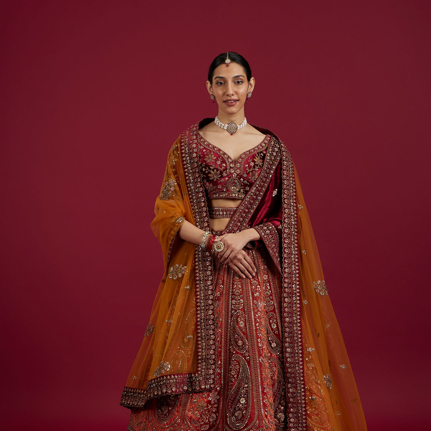 Buy Cherry red and Sunrise Orange Rhinestone Work Bridal Lehenga