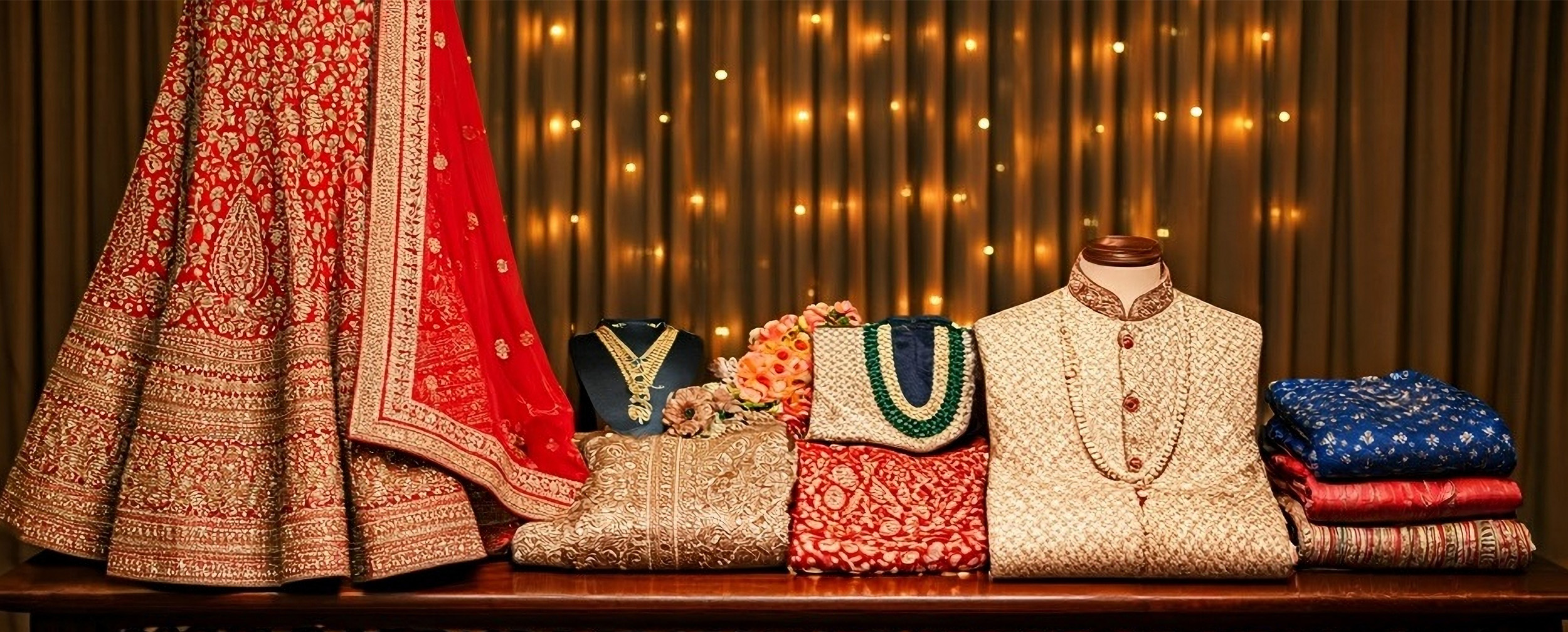 Bride and groom wedding outfits displayed together for different Indian wedding occasions.