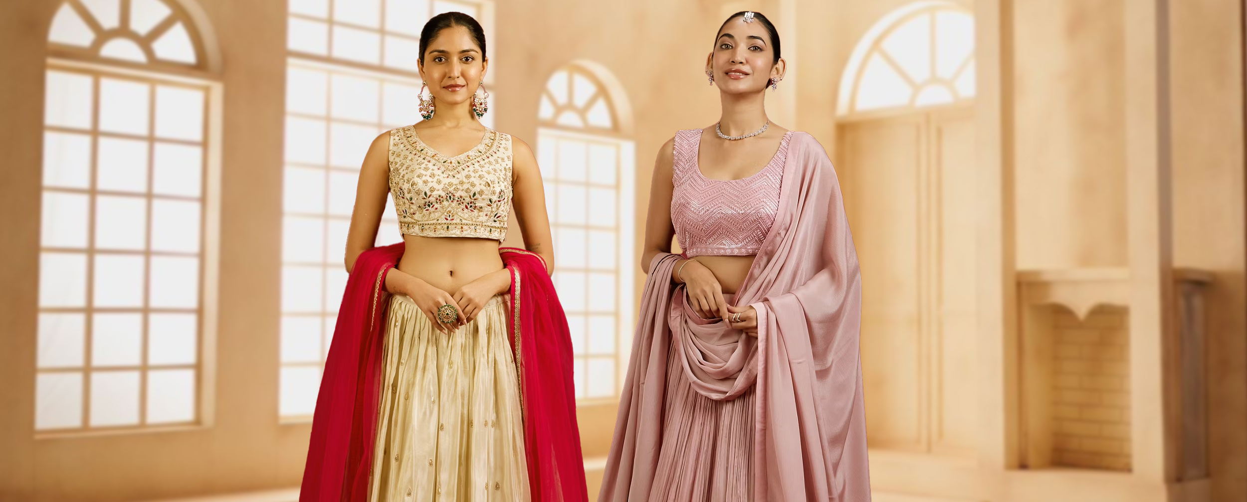 Models showcasing pastel lehenga designs for bridesmaids, including a cream and red style and a monochromatic pink look Models showcasing pastel lehenga designs for bridesmaids, including a cream and red style and a monochromatic pink look