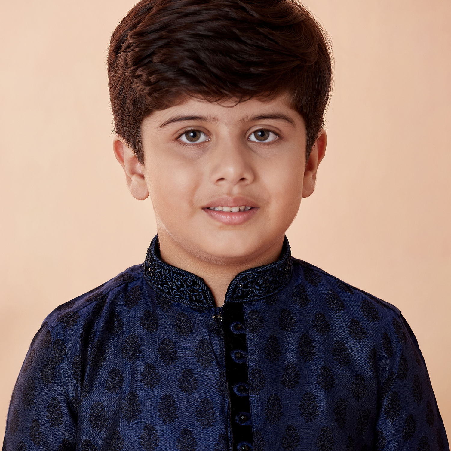 Boys Navy Blue Self Design Booti Kurta with Pyjamas