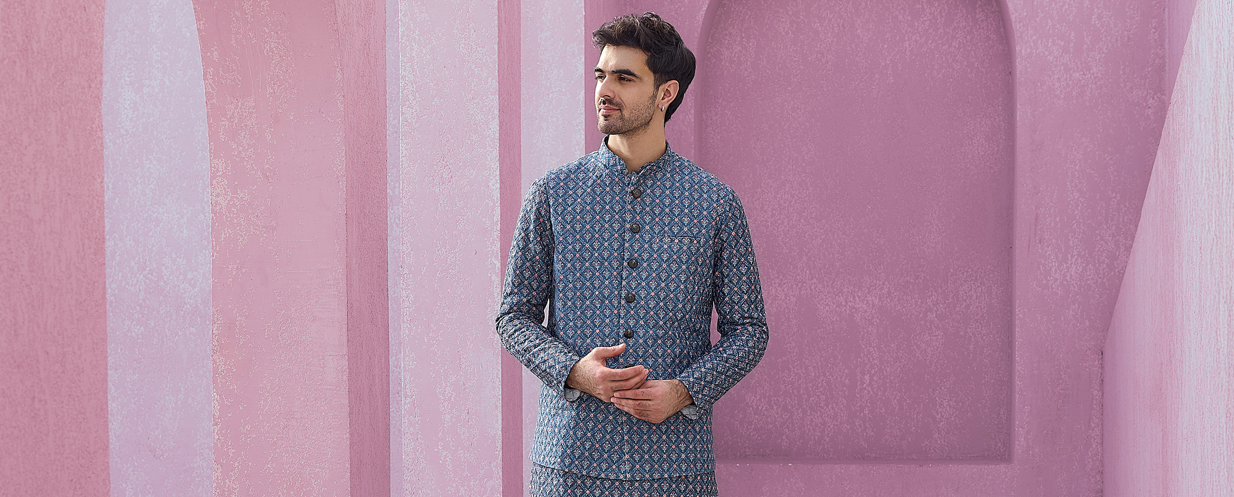 Men wearing blue pattern kurta jacket set Men wearing blue pattern kurta jacket set