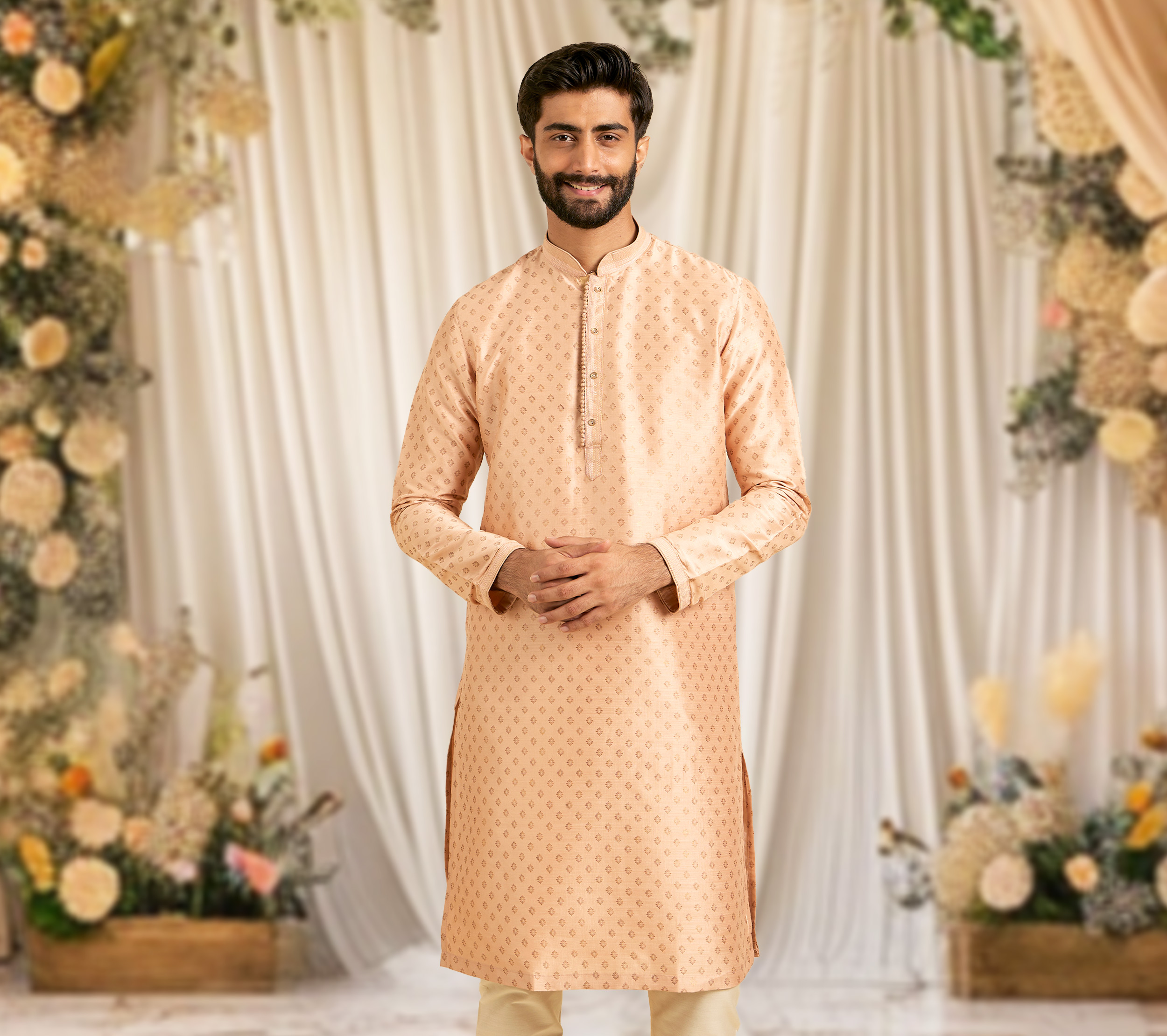 Peach Passion: Rocking the Kurta Pajama Jacket Look at Shaadis