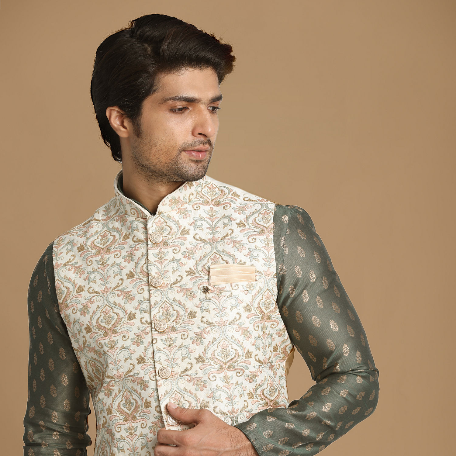 Buy Cream Jacket With Multicolor Motifs Online in India @Manyavar ...