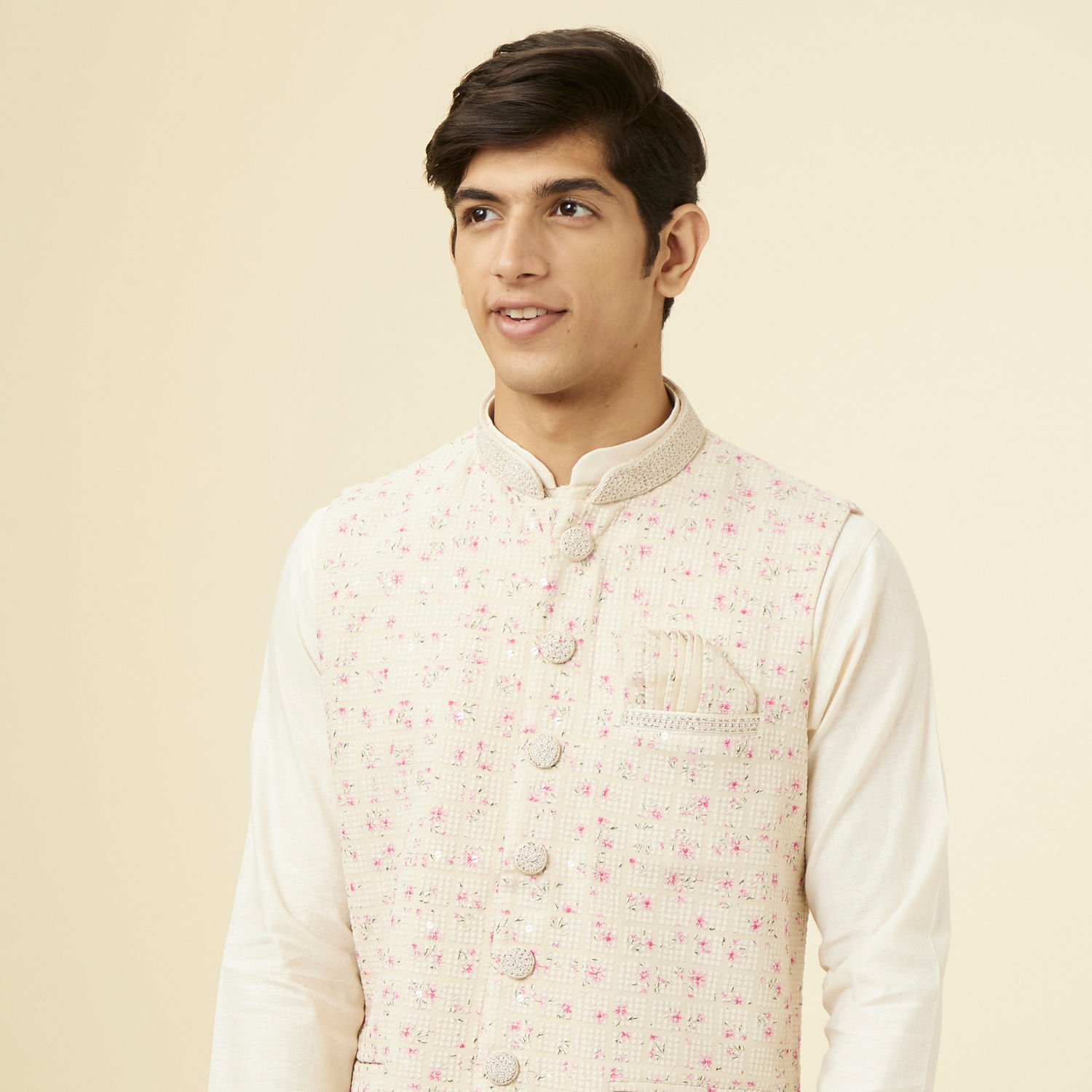 Buy Cream Jacket With Contrasting Pink Motifs Online in India Manyavar