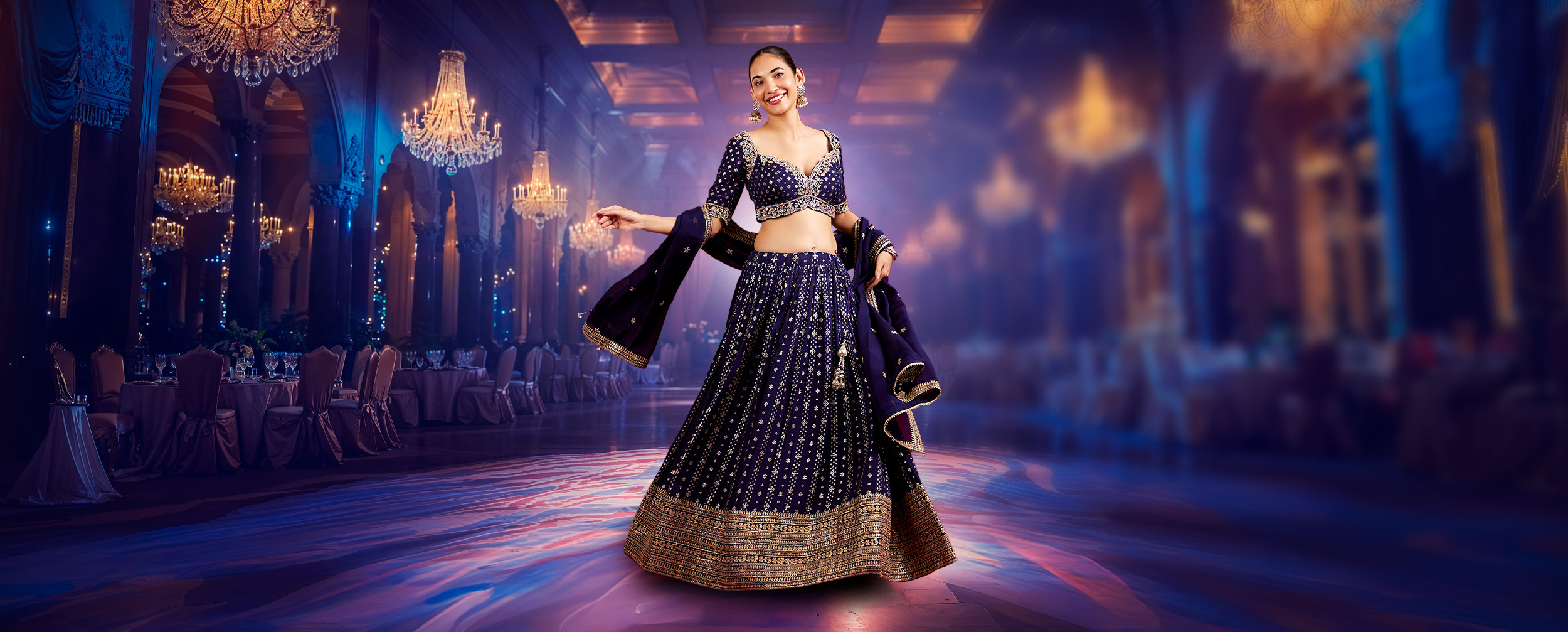 Navy blue embroidered lehenga with gold zari border, showcasing a modern bridal trend.