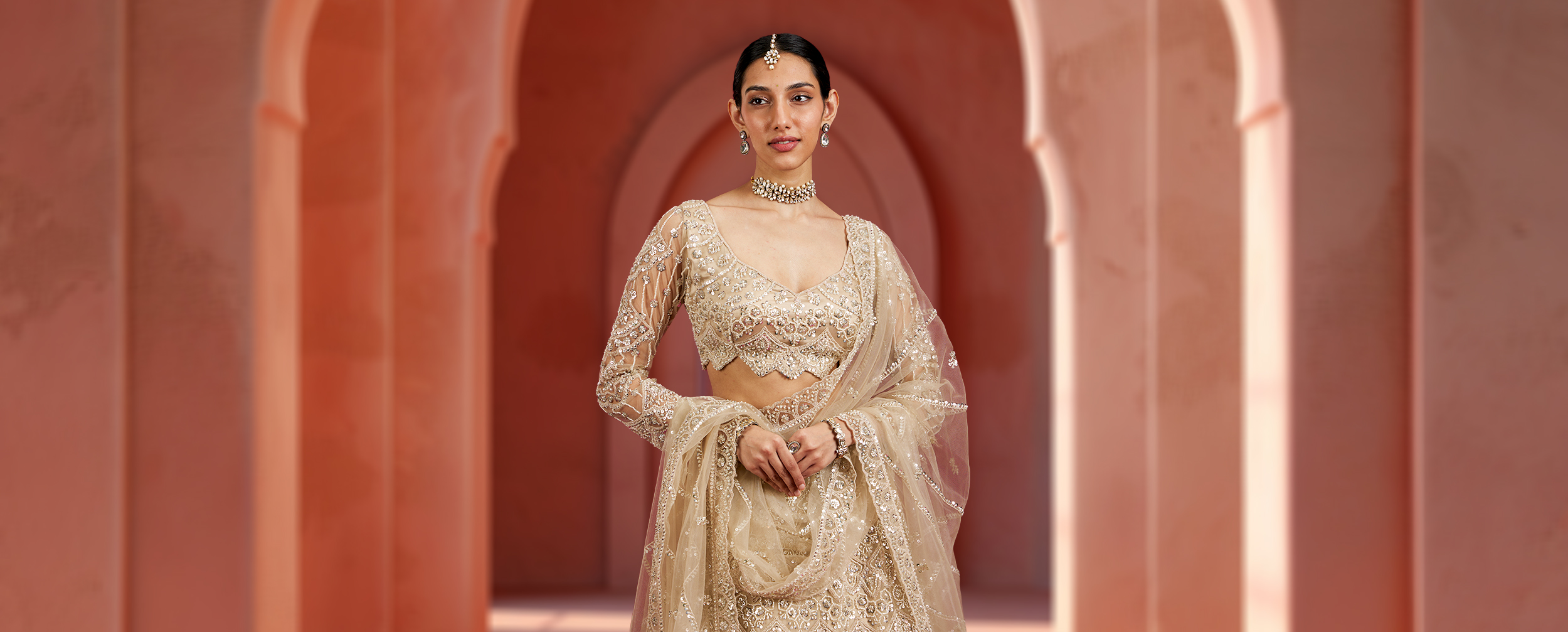 Woman in a vibrant red chiffon saree with an elaborately embroidered multicolor sleeveless blouse. Woman in a vibrant red chiffon saree with an elaborately embroidered multicolor sleeveless blouse.