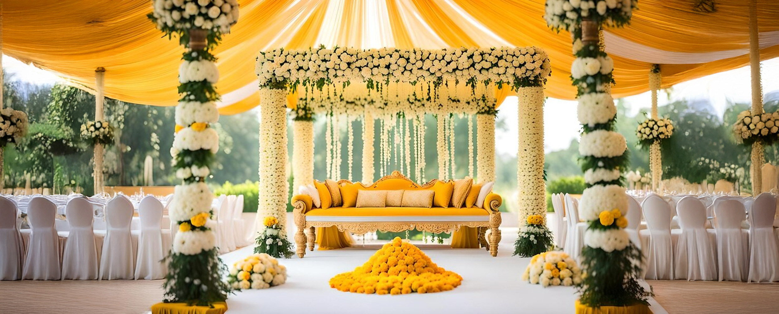 Opulent yellow and white floral stage decor with a royal yellow velvet sofa for a wedding event. Opulent yellow and white floral stage decor with a royal yellow velvet sofa for a wedding event.