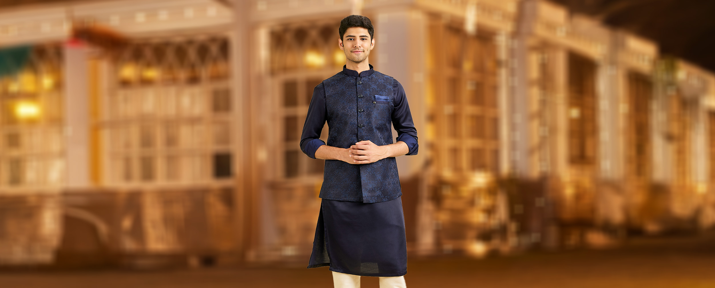 Men wearing Blue kurta jacket set