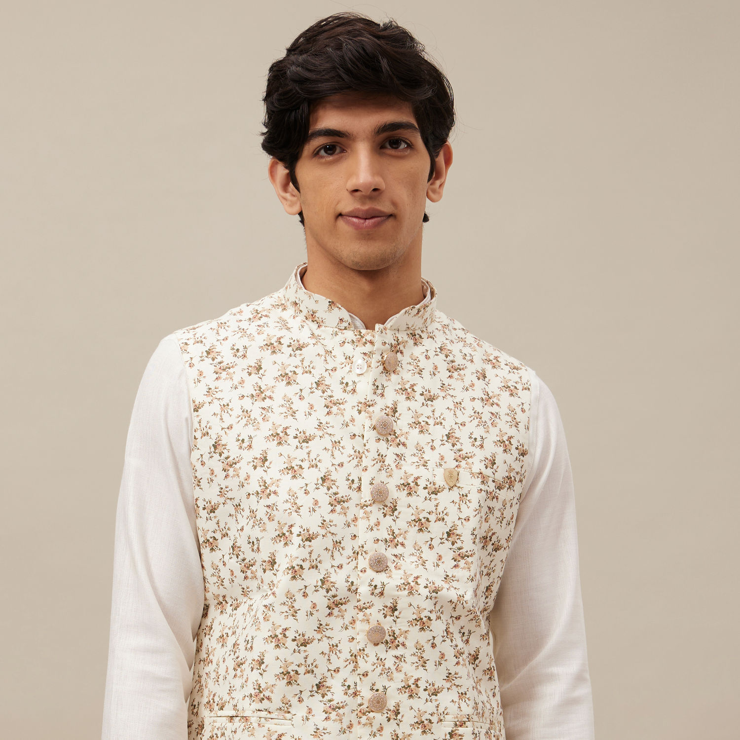 Buy Cream Fall Floral Printed Jacket Online in India Manyavar Nehru
