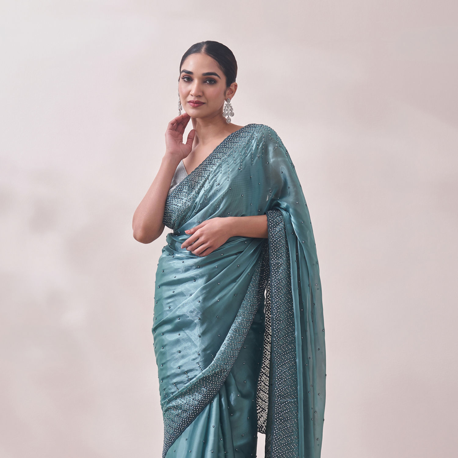 Saree for Women - Buy Teal Blue Stone Embellished Saree Online @Mohey